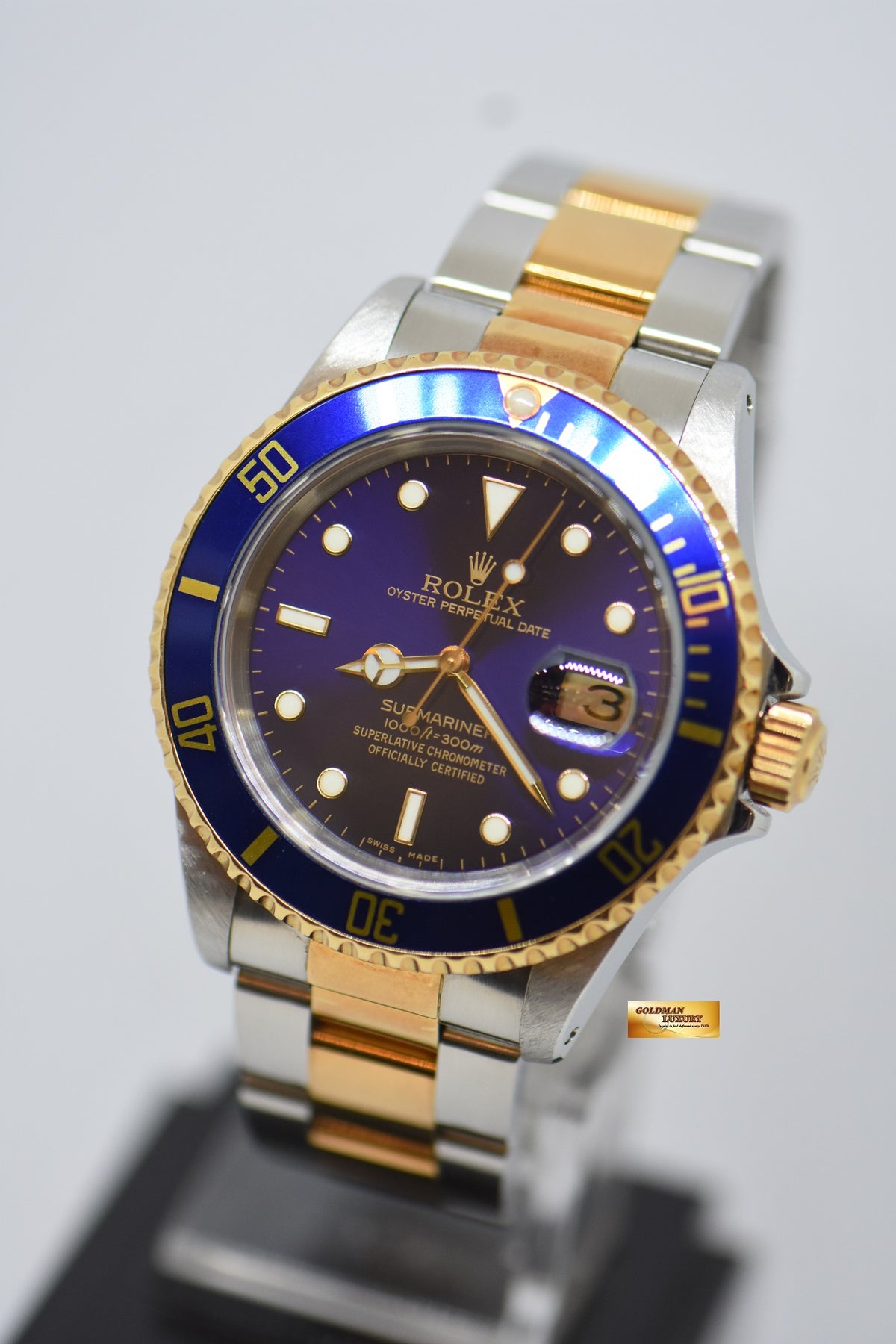 [SOLD] ROLEX OYSTER SUBMARINER 40mm GOLD / STEEL IN BRACELET BLUE DIAL & BEZEL 16613LB (PURPLISH AGING DIAL)