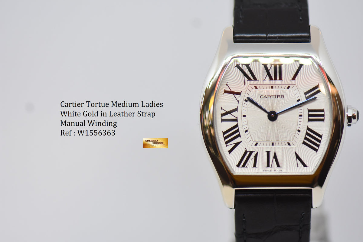 [SOLD] CARTIER TORTUE MEDIUM LADIES WHITE GOLD IN LEATHER STRAP MANUAL WINDING W1556363 (MINT)