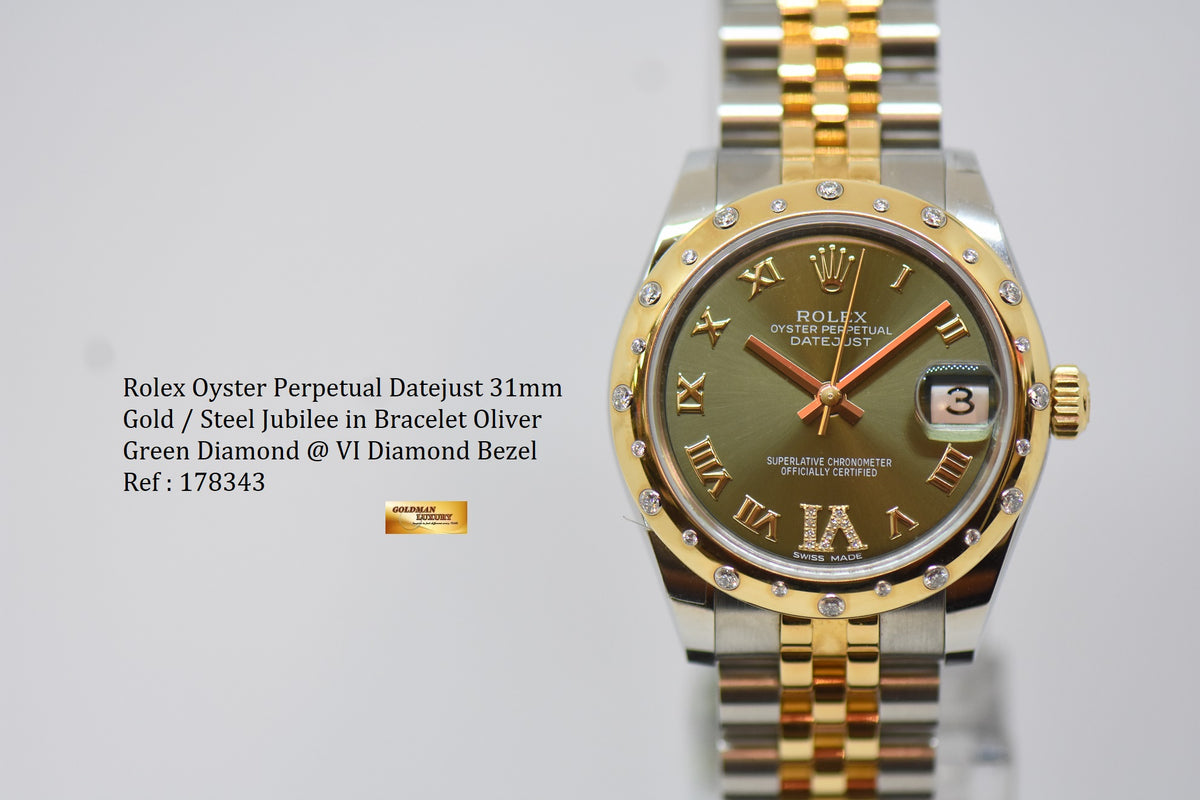 [SOLD] ROLEX OYSTER PERPETUAL DATEJUST 31mm GOLD / STEEL IN JUBILEE BRACELET OLIVE GREEN DIAL DIAMOND @ VI ORIGINAL DIAMOND BEZEL AUTOMATIC 178343 (NEW-UNWORN)
