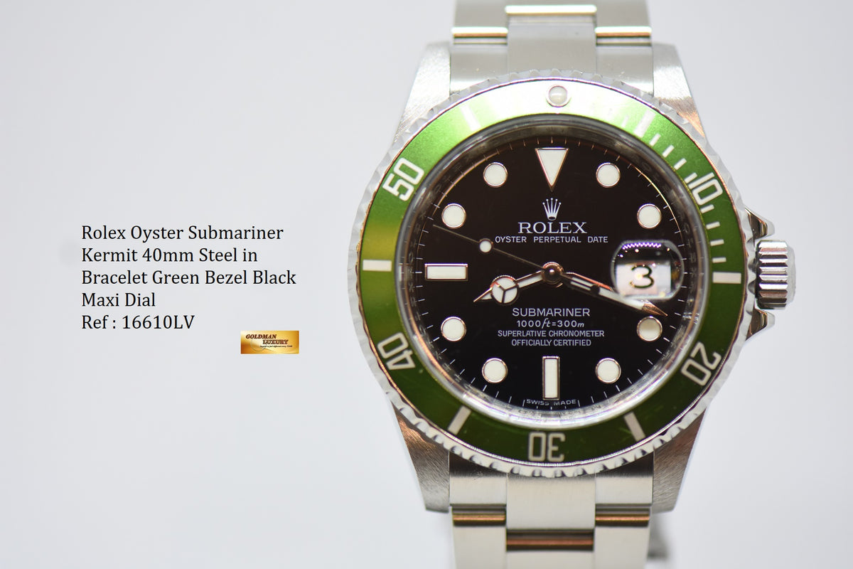 [SOLD] ROLEX OYSTER PERPETUAL SUBMARINER KERMIT 40mm BLACK MAXI DIAL 16610LV (MINT)