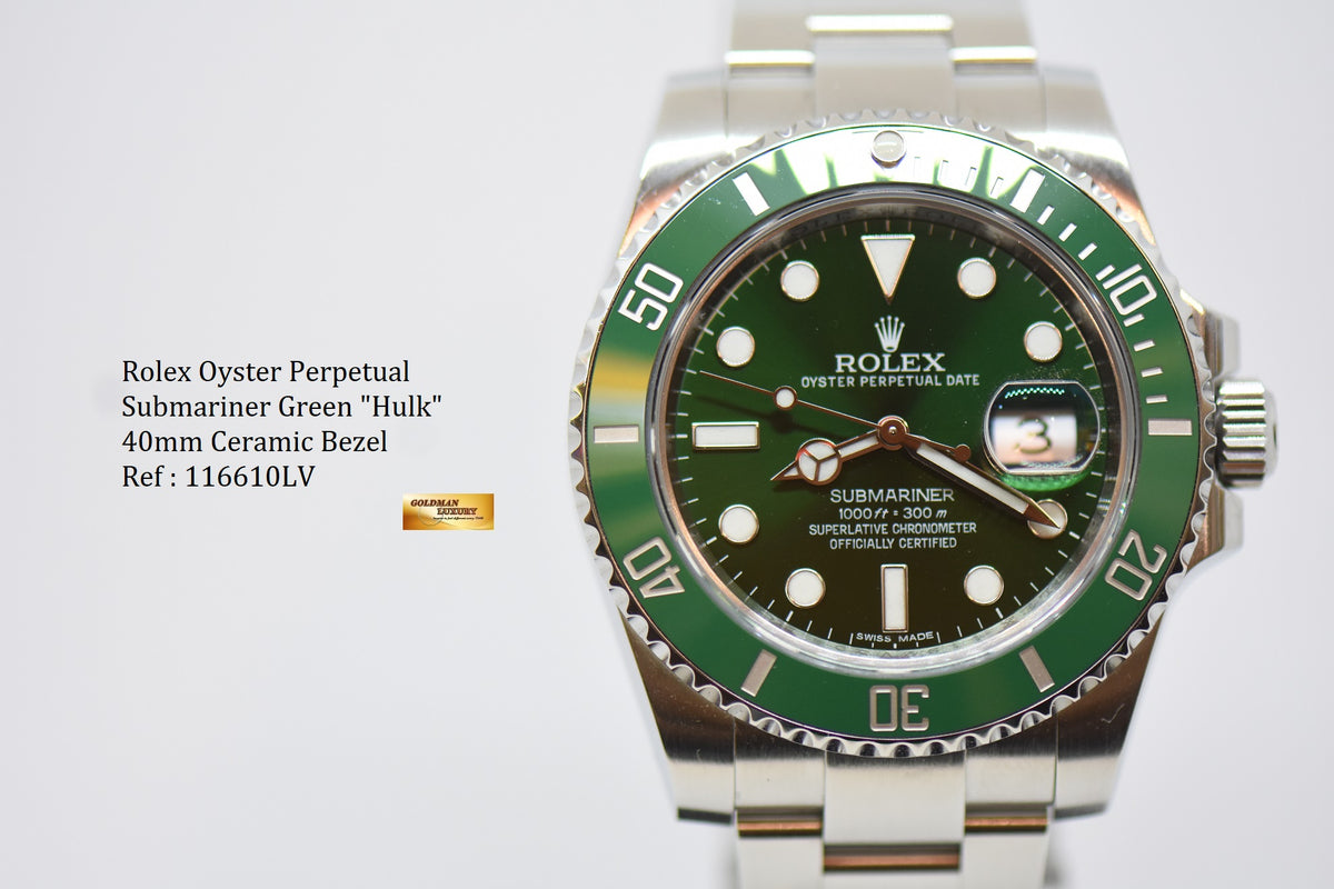 [SOLD] ROLEX OYSTER PERPETUAL SUBMARINER GREEN “HULK” 40mm STEEL IN BRACELET CERAMIC GREEN BEZEL 116610LV (MINT)