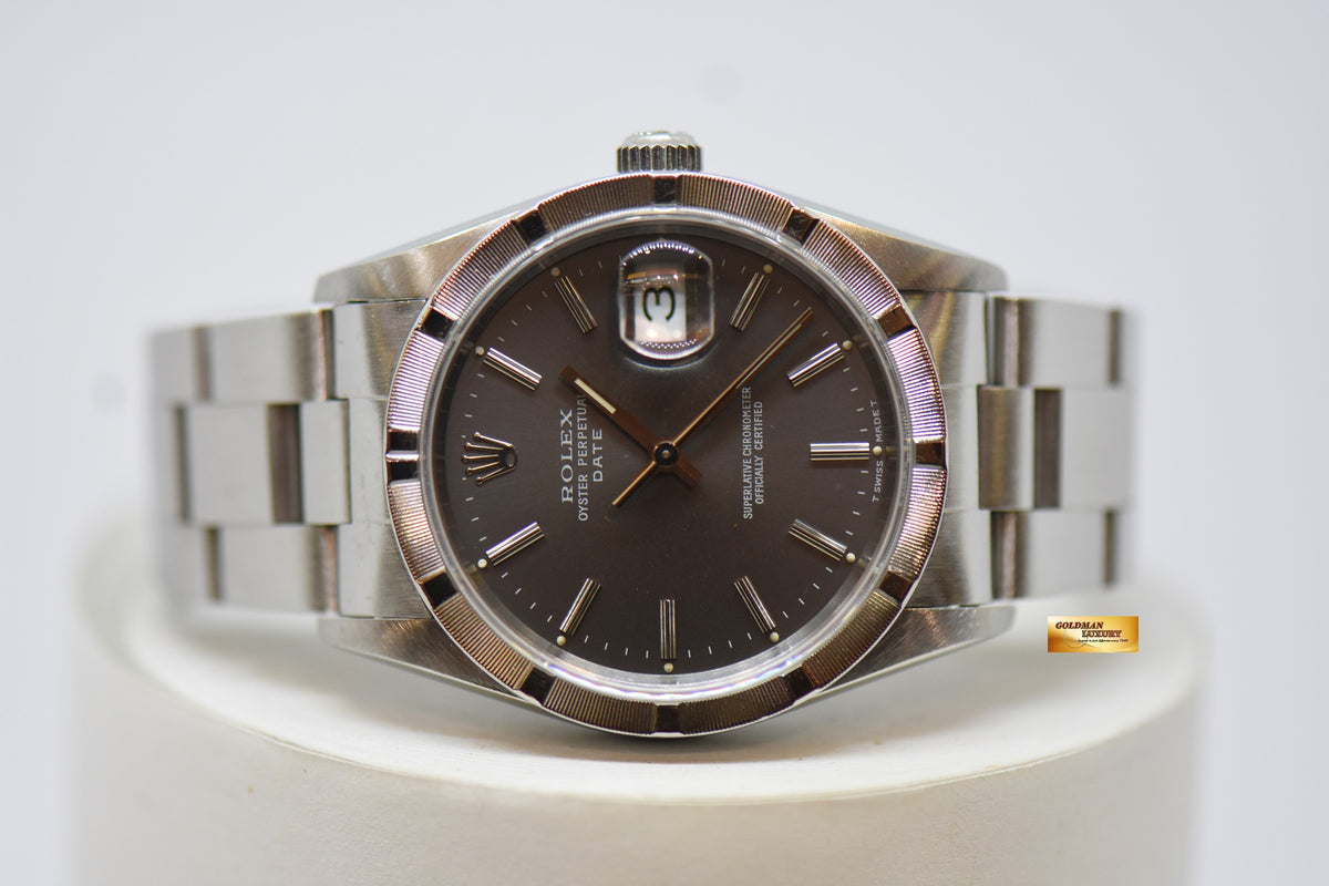 [SOLD] ROLEX OYSTER PERPETUAL DATE 34mm STEEL IN BRACELET GREY DIAL “STEEL ENGINE-TURNED” BEZEL 15210 (MINT)