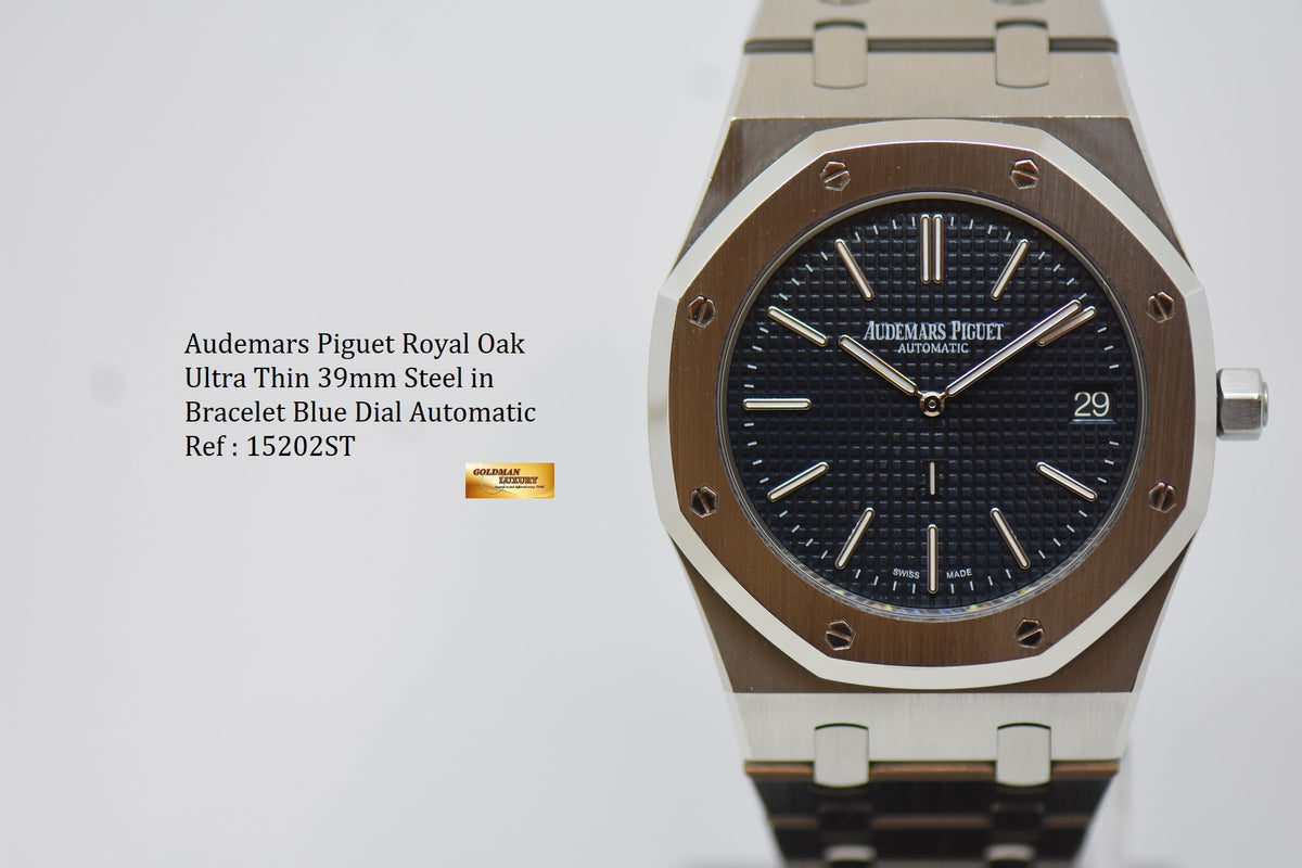 [SOLD] AUDEMARS PIGUET ROYAL OAK ULTRA THIN 39mm STEEL IN BRACELET BLUE DIAL 15202ST AUTOMATIC (UNPOLISHED SET)