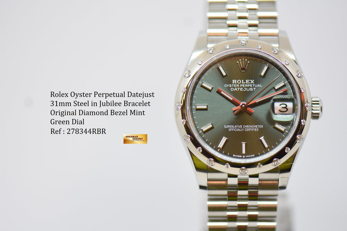 [SOLD] ROLEX OYSTER PERPETUAL DATEJUST 31mm STEEL IN JUBILEE BRACELET MINT GREEN DIAL ORIGINAL DIAMOND BEZEL AUTOMATIC 278344RBR (NEW-UNWORN)
