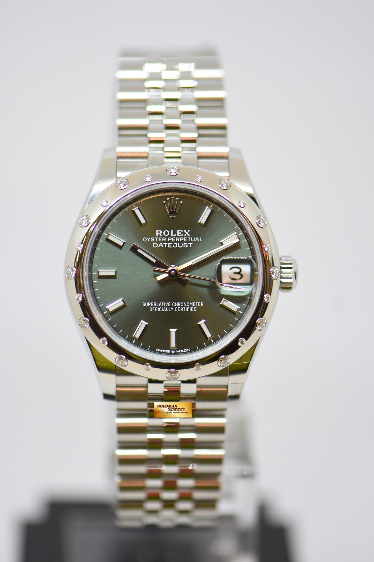 [SOLD] ROLEX OYSTER PERPETUAL DATEJUST 31mm STEEL IN JUBILEE BRACELET MINT GREEN DIAL ORIGINAL DIAMOND BEZEL AUTOMATIC 278344RBR (NEW-UNWORN)