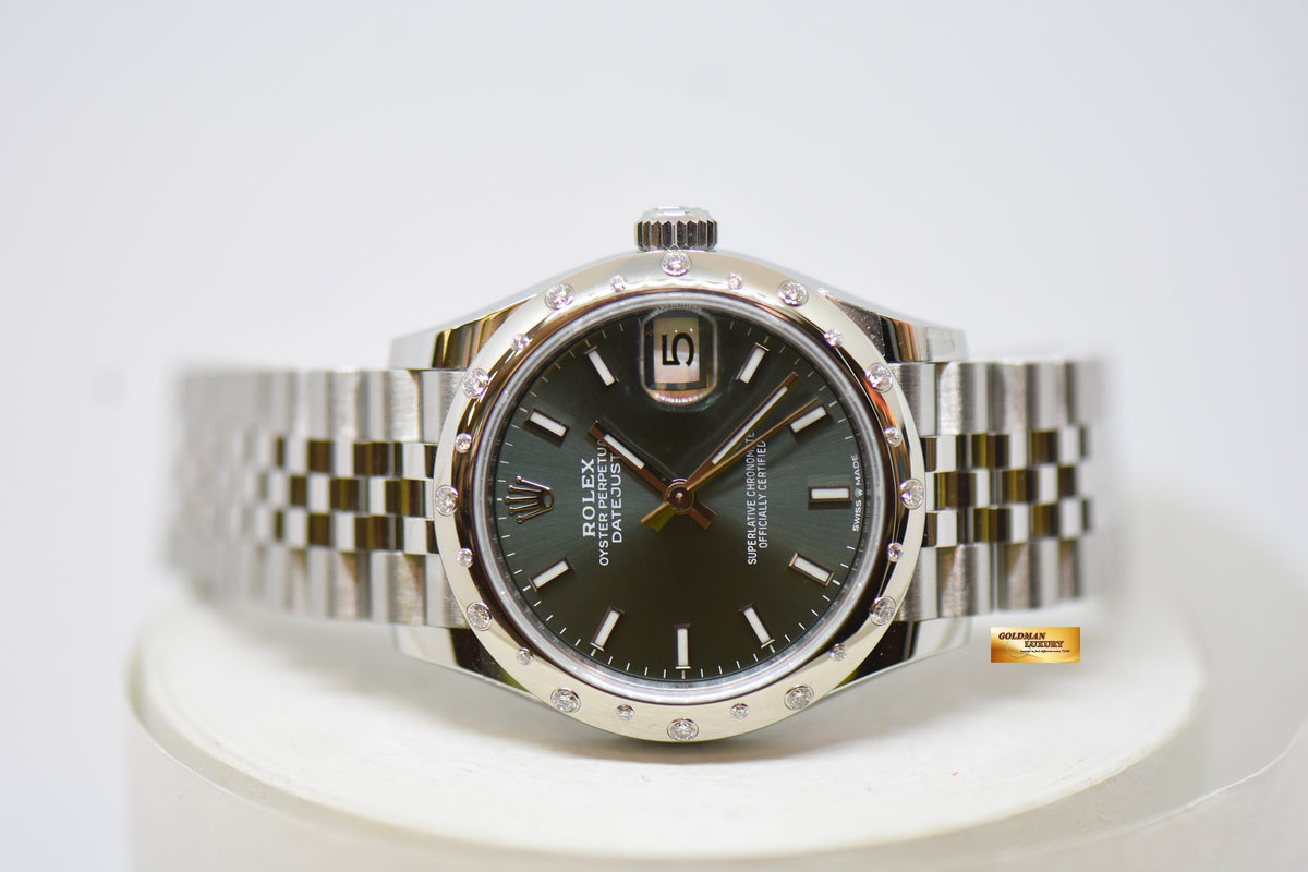[SOLD] ROLEX OYSTER PERPETUAL DATEJUST 31mm STEEL IN JUBILEE BRACELET MINT GREEN DIAL ORIGINAL DIAMOND BEZEL AUTOMATIC 278344RBR (NEW-UNWORN)