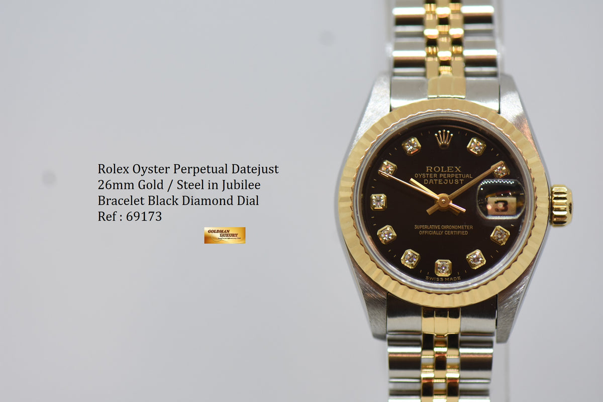 [SOLD] ROLEX OYSTER DATEJUST 26mm HALF-GOLD IN JUBILEE BRACELET BLACK DIAMOND DIAL 69173 (NEAR MINT)