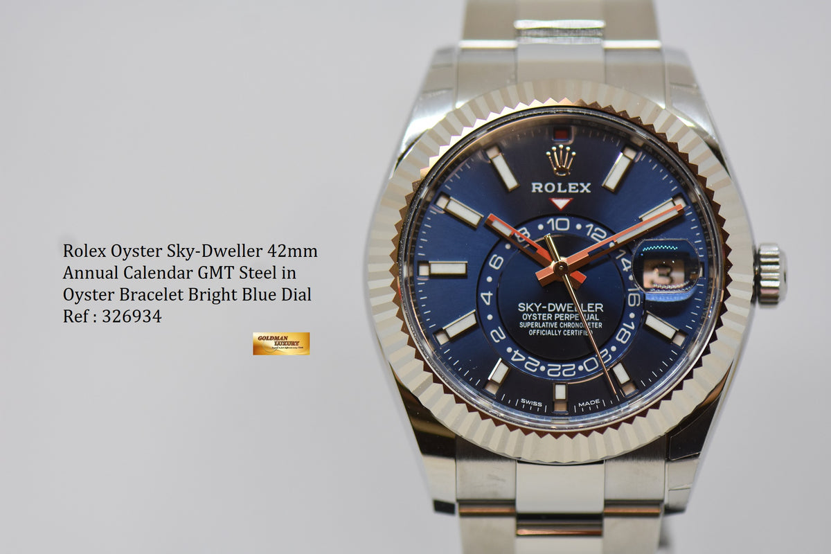 [SOLD] ROLEX OYSTER PERPETUAL SKY-DWELLER 42mm ANNUAL CALENDAR GMT STEEL IN OYSTER BRACELET BRIGHT BLUE DIAL 326934 (NEW-UNWORN)