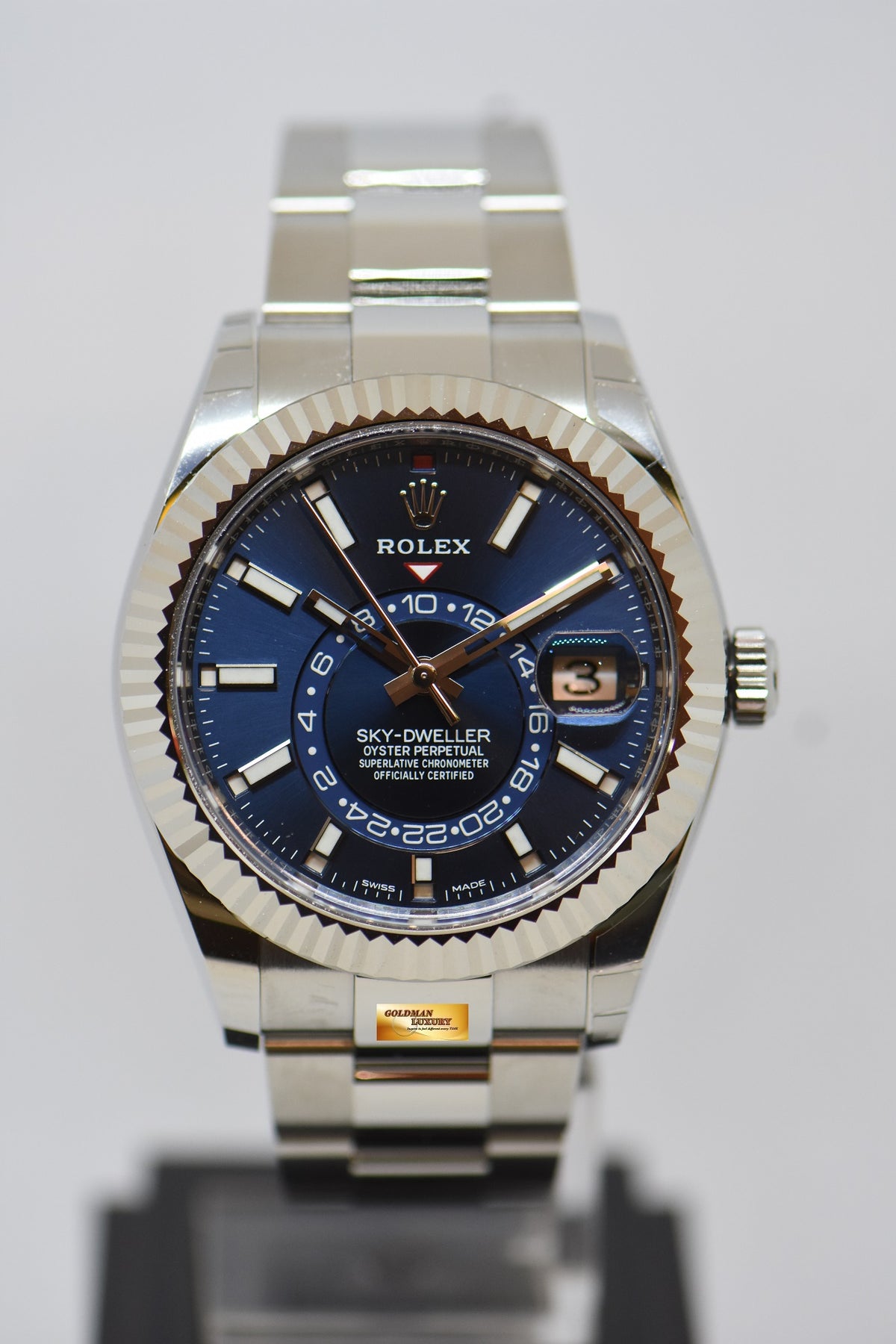 [SOLD] ROLEX OYSTER PERPETUAL SKY-DWELLER 42mm ANNUAL CALENDAR GMT STEEL IN OYSTER BRACELET BRIGHT BLUE DIAL 326934 (NEW-UNWORN)