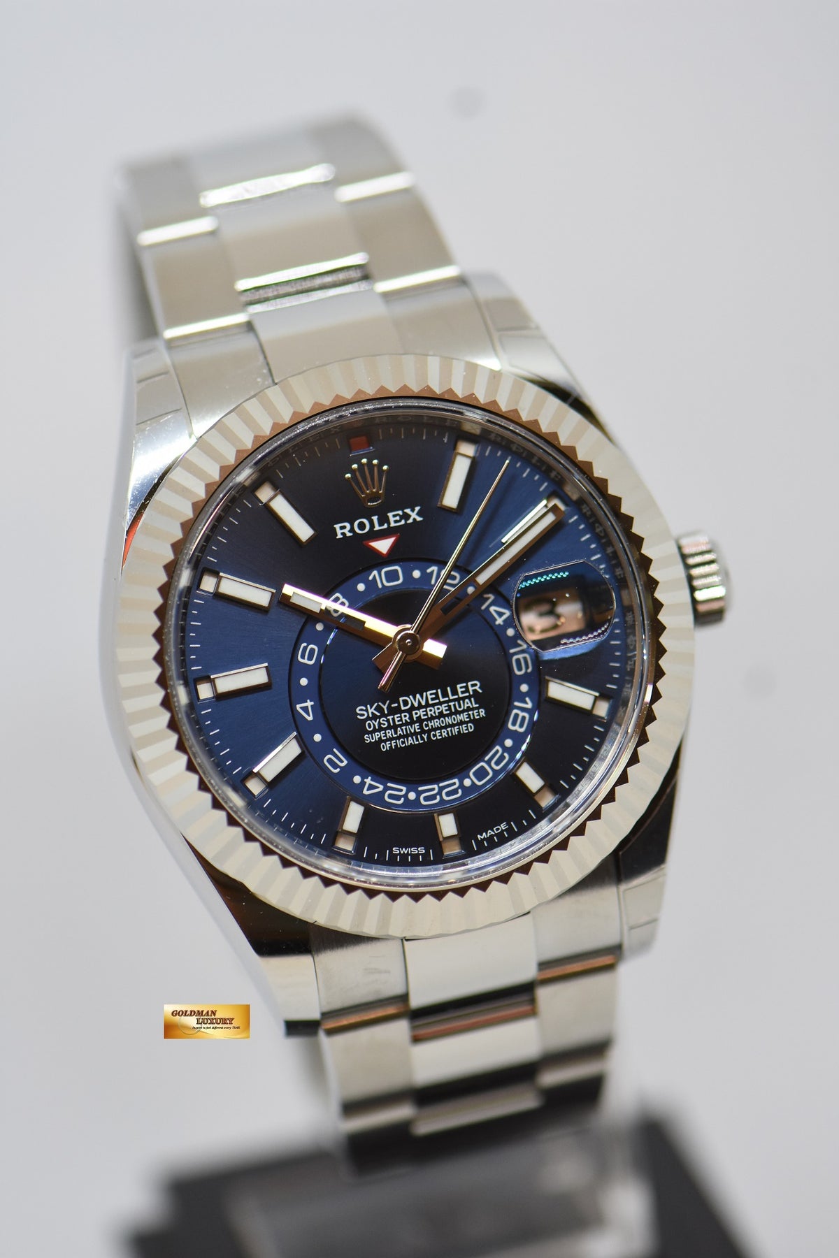 [SOLD] ROLEX OYSTER PERPETUAL SKY-DWELLER 42mm ANNUAL CALENDAR GMT STEEL IN OYSTER BRACELET BRIGHT BLUE DIAL 326934 (NEW-UNWORN)