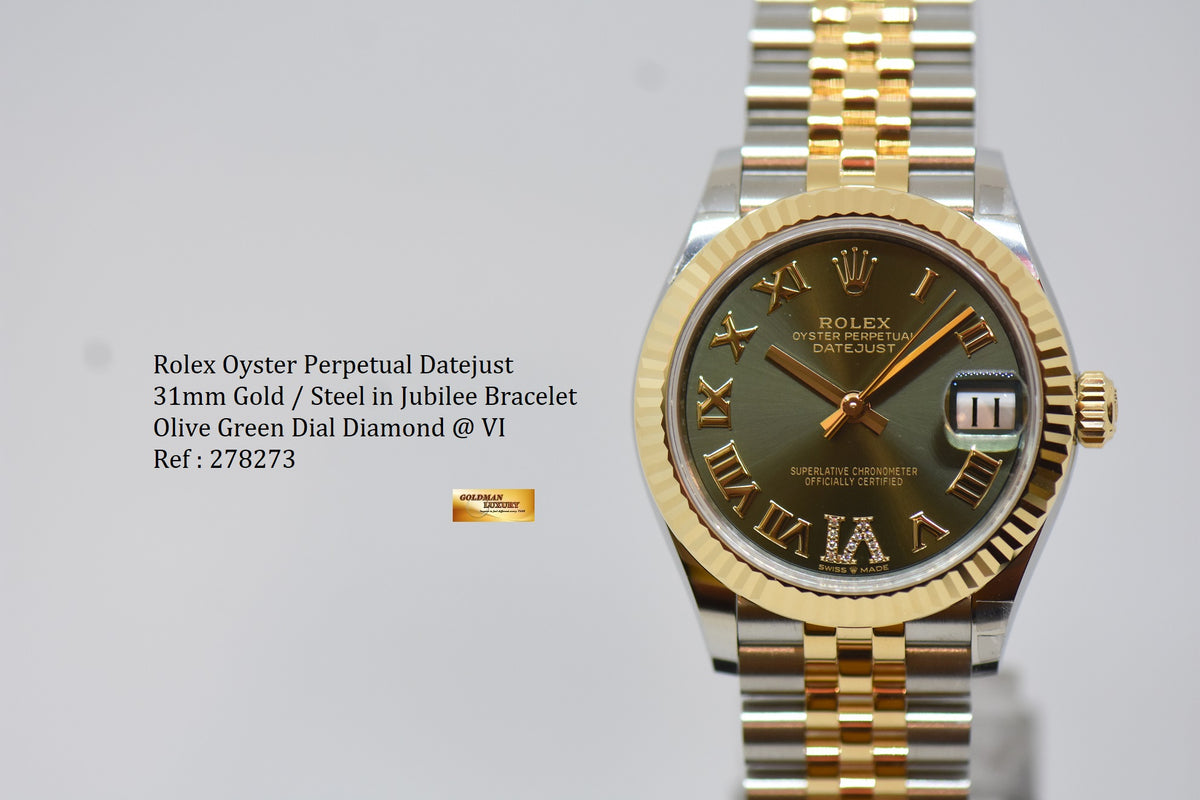 [SOLD] ROLEX OYSTER PERPETUAL DATEJUST 31mm GOLD / STEEL IN JUBILEE BRACELET OLIVE GREEN DIAL DIAMOND @ VI AUTOMATIC 278273 (NEW-UNWORN)