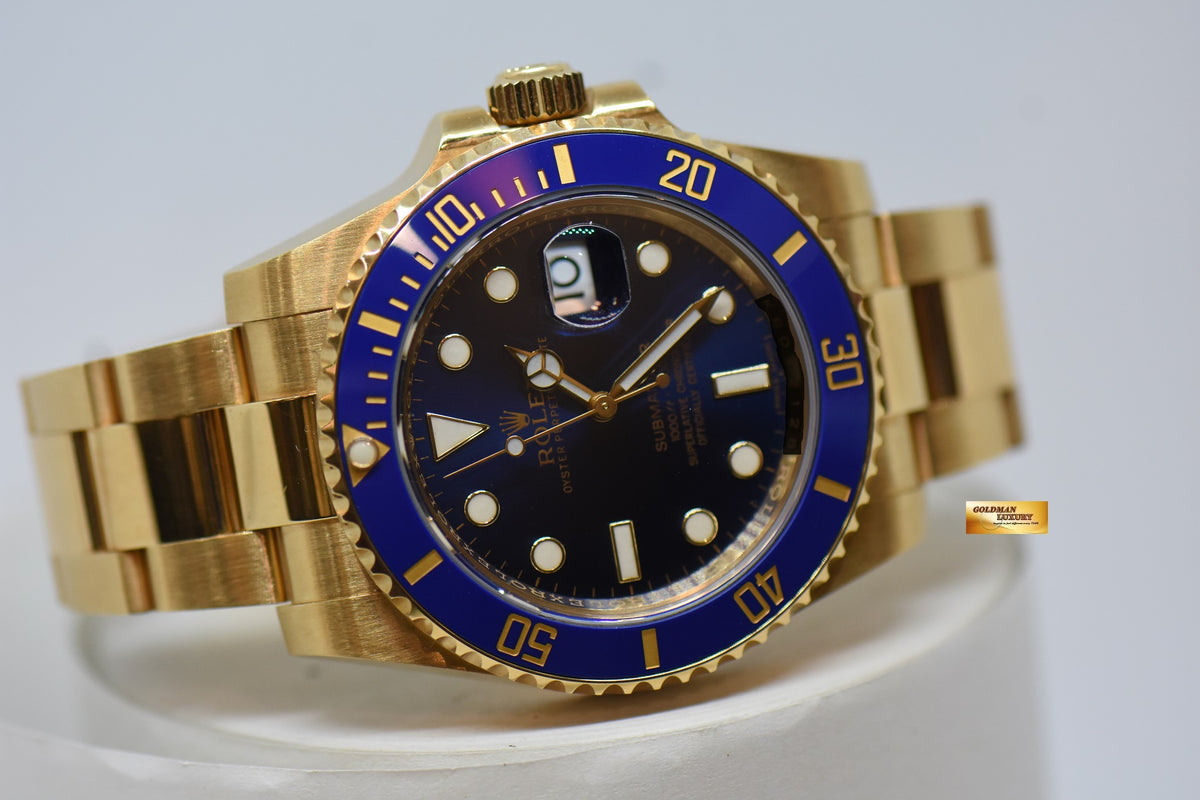 [SOLD] ROLEX OYSTER SUBMARINER 40mm YELLOW GOLD IN OYSTER BRACELET BLUE SUNBURST DIAL BLUE CERAMIC BEZEL 116618LB (UNPOLISHED)