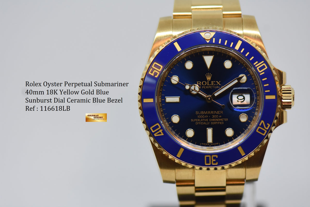 [SOLD] ROLEX OYSTER SUBMARINER 40mm YELLOW GOLD IN OYSTER BRACELET BLUE SUNBURST DIAL BLUE CERAMIC BEZEL 116618LB (UNPOLISHED)