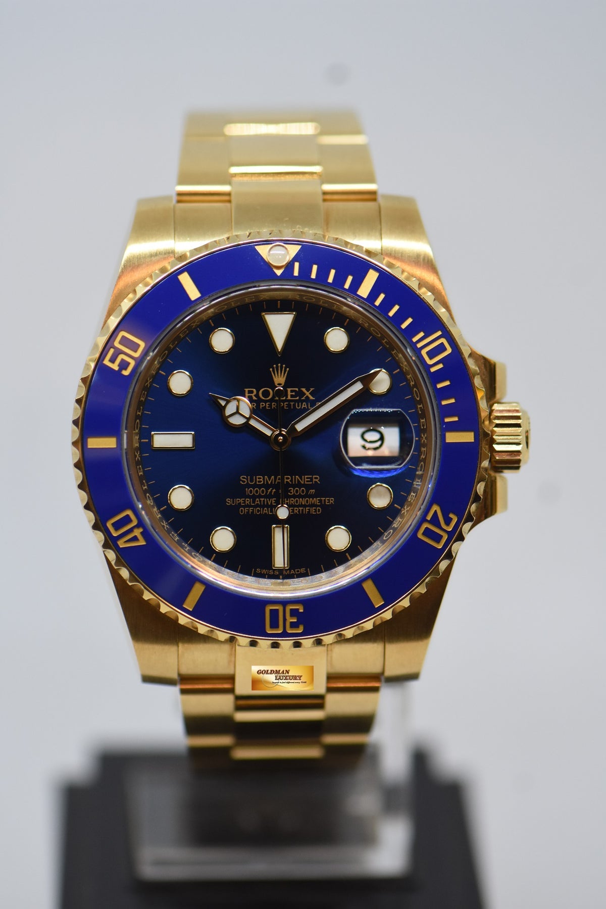 [SOLD] ROLEX OYSTER SUBMARINER 40mm YELLOW GOLD IN OYSTER BRACELET BLUE SUNBURST DIAL BLUE CERAMIC BEZEL 116618LB (UNPOLISHED)