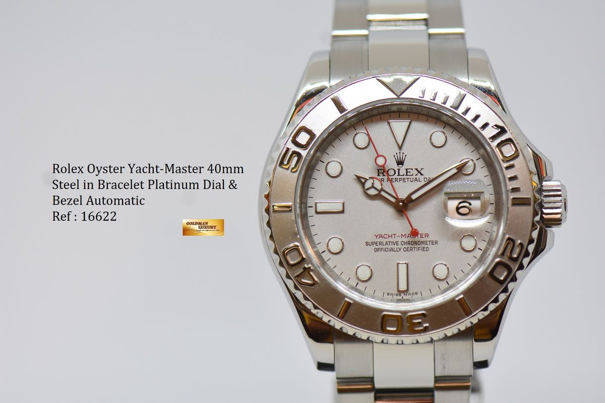 [SOLD] ROLEX OYSTER PERPETUAL YACHT-MASTER 40mm STEEL IN BRACELET PLATINUM DIAL & BEZEL 16622 (MINT) (REHAUT ENGRAVINGS)