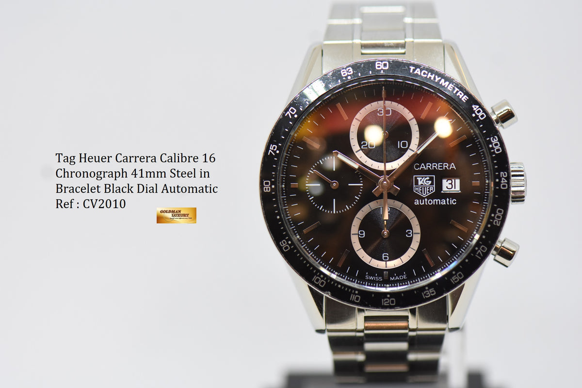 [SOLD] TAG HEUER CARRERA CALIBRE 16 CHRONOGRAPH 41mm STEEL IN BRACELET BLACK DIAL AUTOMATIC CV2010 (NEAR MINT)