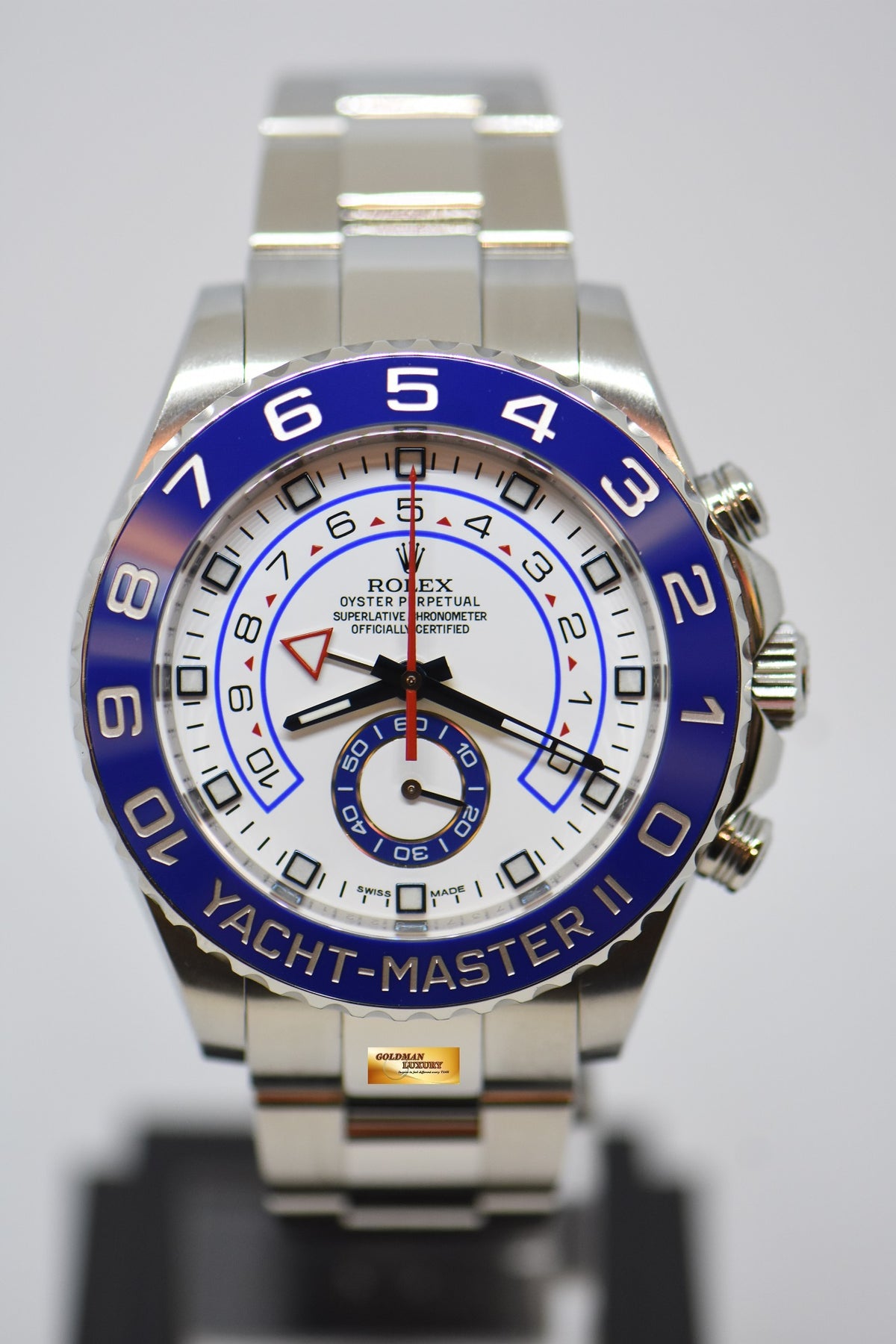 [SOLD] ROLEX OYSTER PERPETUAL YACHT-MASTER II 44mm REGATTA CHRONOGRAPH STEEL IN OYSTER BRACELET WHITE DIAL BLUE CERAMIC BEZEL 116680 (MINT)