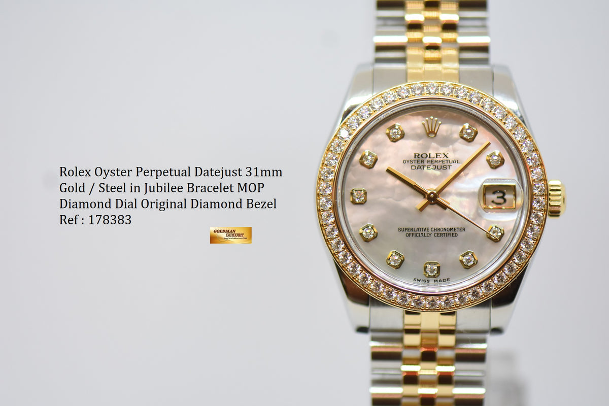 [SOLD] ROLEX OYSTER PERPETUAL DATEJUST 31mm GOLD / STEEL IN JUBILEE BRACELET MOP DIAMOND DIAL ORIGINAL DIAMOND BEZEL 178383 (MINT)
