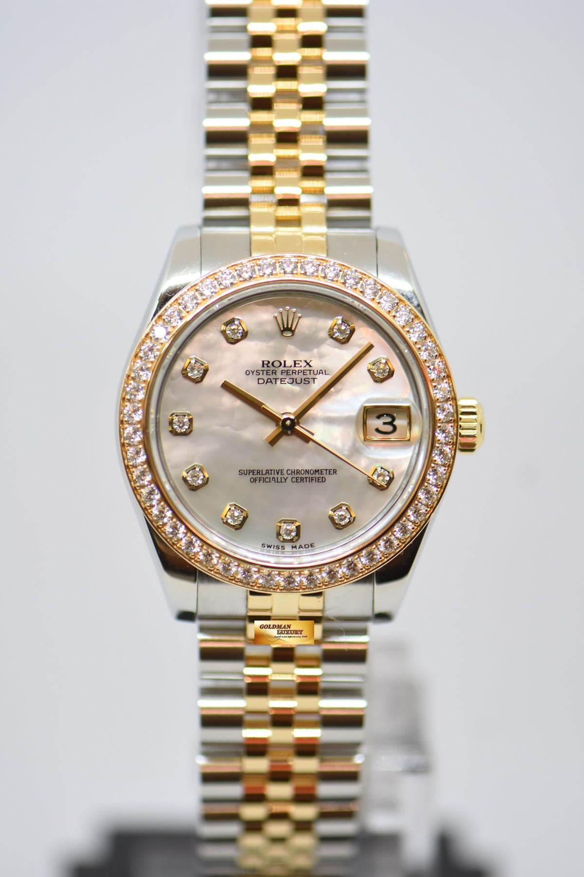 [SOLD] ROLEX OYSTER PERPETUAL DATEJUST 31mm GOLD / STEEL IN JUBILEE BRACELET MOP DIAMOND DIAL ORIGINAL DIAMOND BEZEL 178383 (MINT)