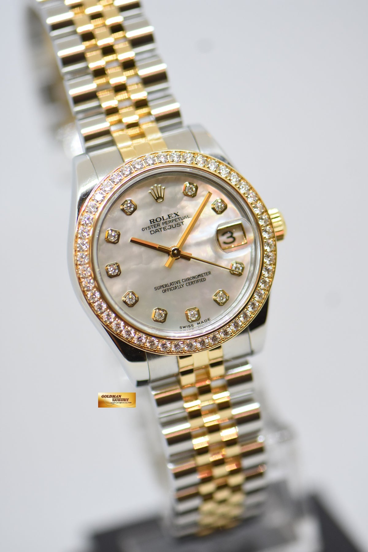 [SOLD] ROLEX OYSTER PERPETUAL DATEJUST 31mm GOLD / STEEL IN JUBILEE BRACELET MOP DIAMOND DIAL ORIGINAL DIAMOND BEZEL 178383 (MINT)