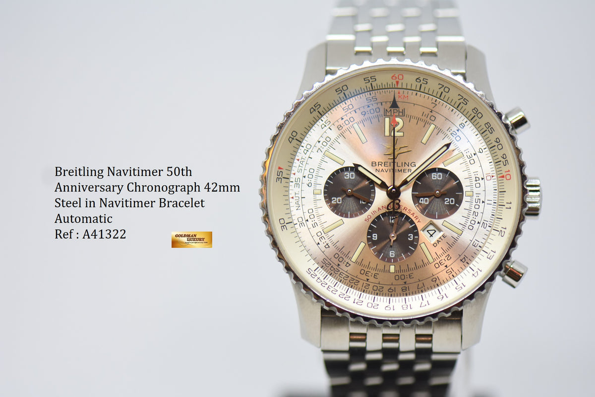 [SOLD] BREITLING NAVITIMER 50TH ANNIVERSARY CHRONOGRAPH 41mm STEEL IN BRACELET AUTOMATIC SILVER DIAL A41322 (MINT)