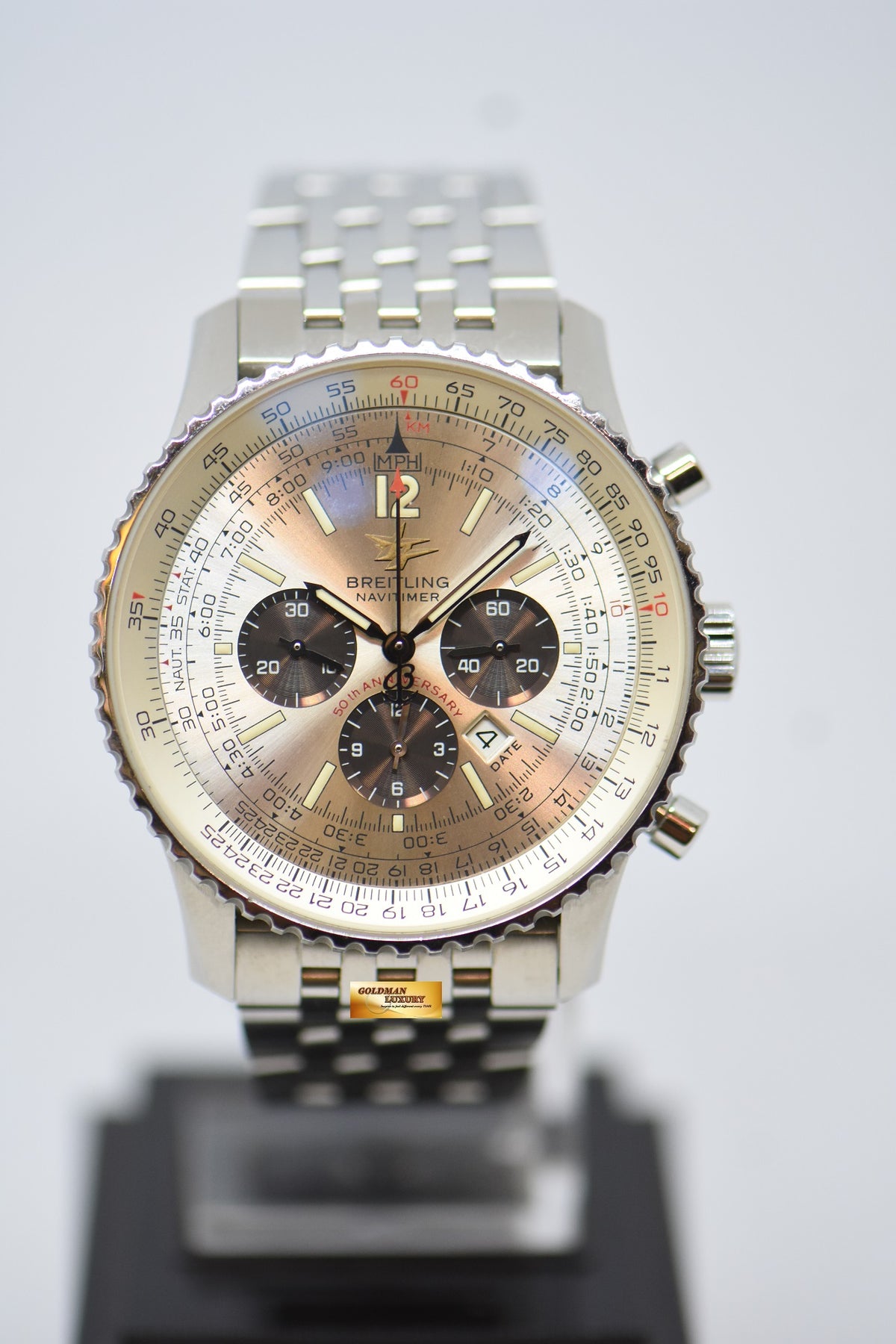 [SOLD] BREITLING NAVITIMER 50TH ANNIVERSARY CHRONOGRAPH 41mm STEEL IN BRACELET AUTOMATIC SILVER DIAL A41322 (MINT)