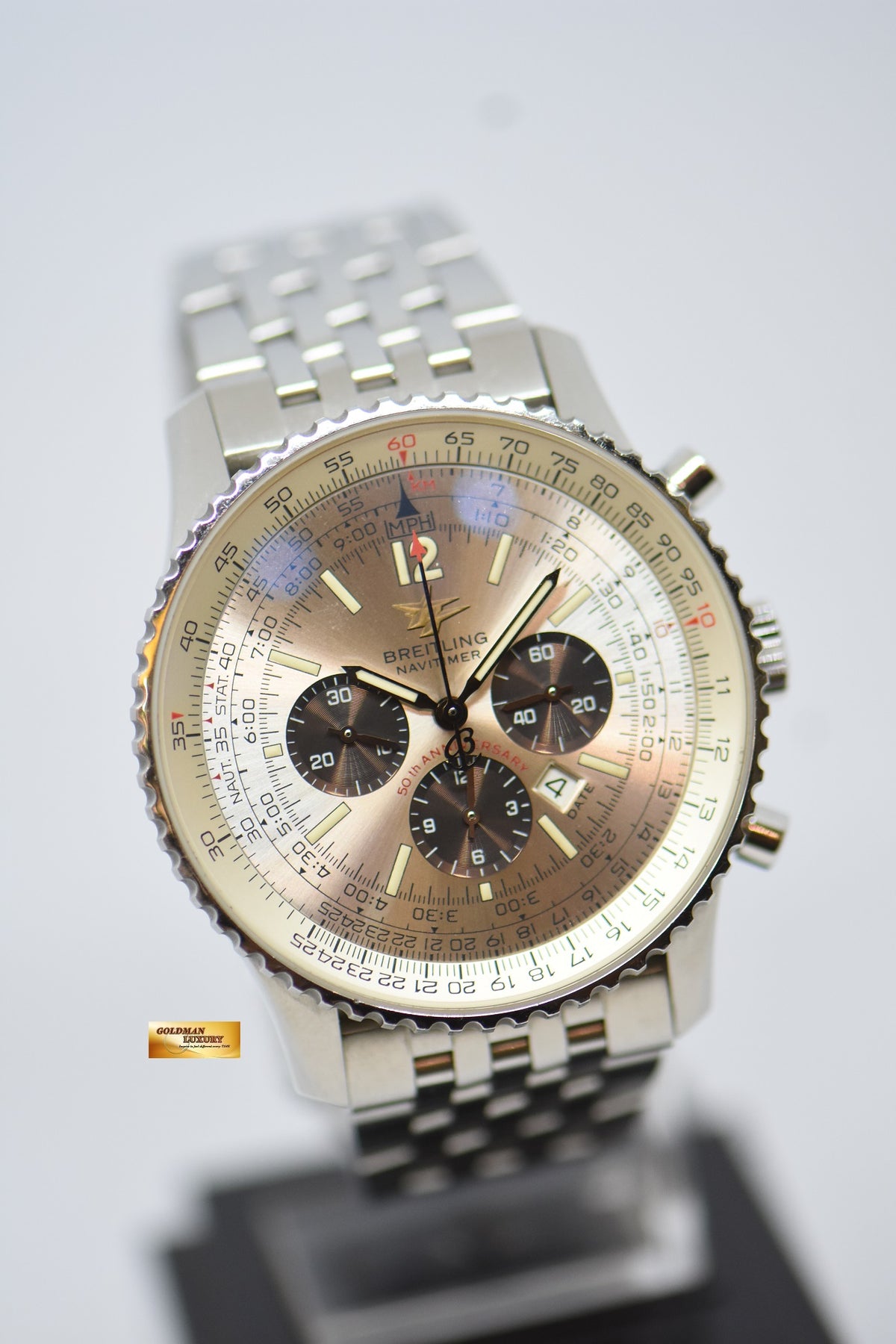 [SOLD] BREITLING NAVITIMER 50TH ANNIVERSARY CHRONOGRAPH 41mm STEEL IN BRACELET AUTOMATIC SILVER DIAL A41322 (MINT)