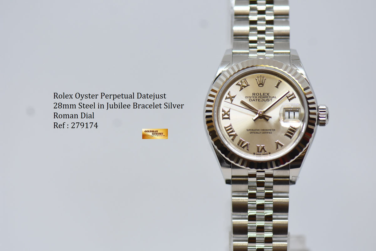[SOLD] ROLEX OYSTER PERPETUAL DATEJUST 28mm STEEL IN JUBILEE BRACELET SILVER ROMAN DIAL 279174 (NEW-UNWORN)
