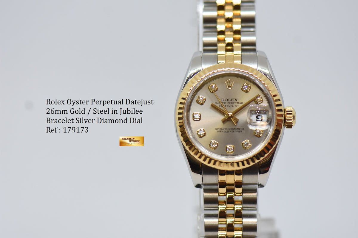[SOLD] ROLEX OYSTER DATEJUST 26mm GOLD / STEEL IN JUBILEE BRACELET SILVER DIAMOND DIAL 179173 (MINT)