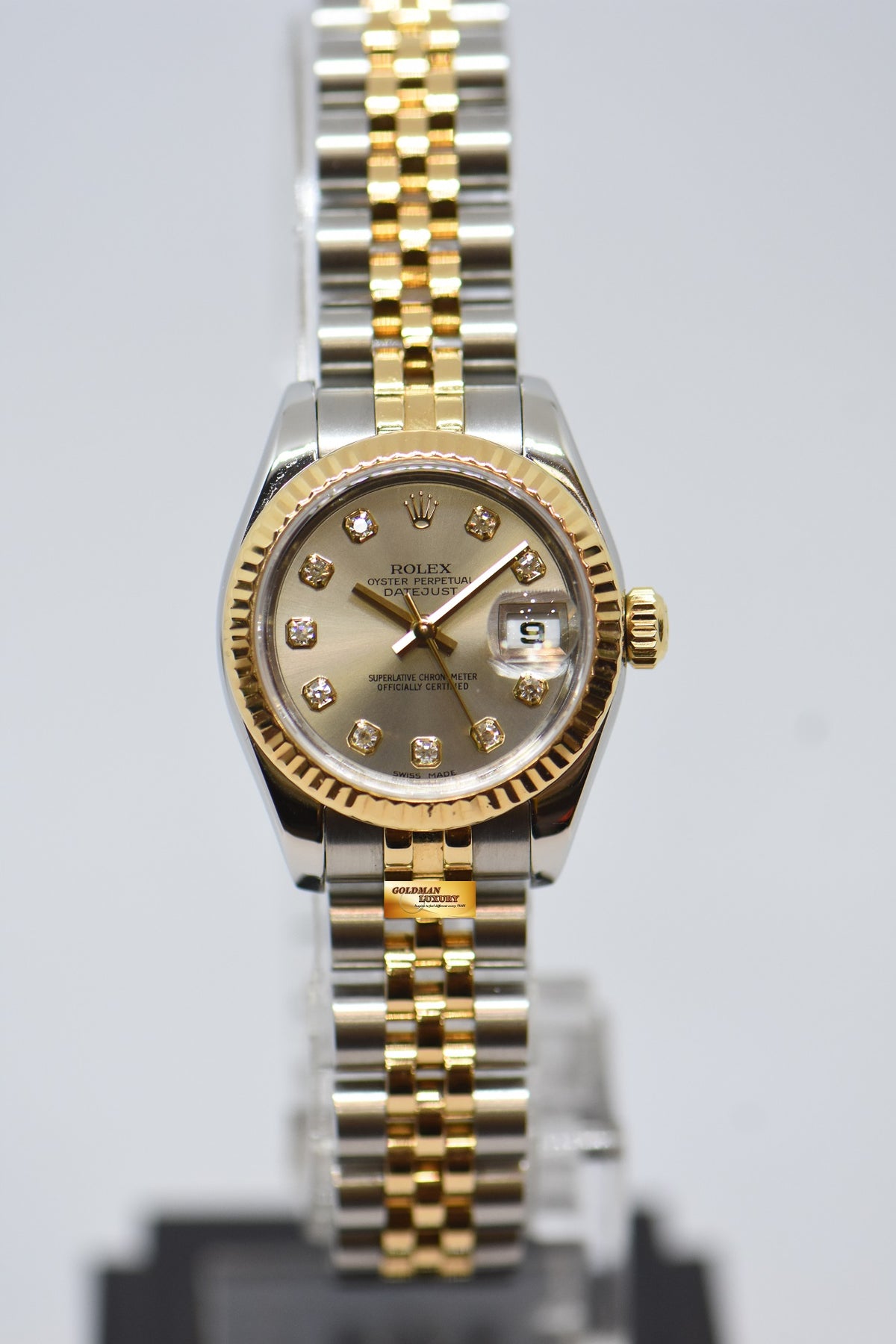 [SOLD] ROLEX OYSTER DATEJUST 26mm GOLD / STEEL IN JUBILEE BRACELET SILVER DIAMOND DIAL 179173 (MINT)