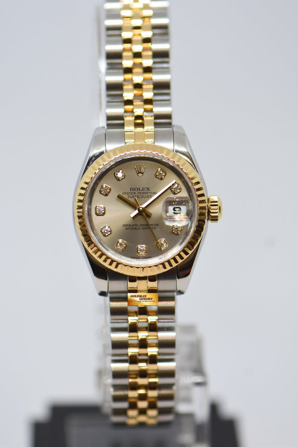[SOLD] ROLEX OYSTER DATEJUST 26mm GOLD / STEEL IN JUBILEE BRACELET SILVER DIAMOND DIAL 179173 (MINT)