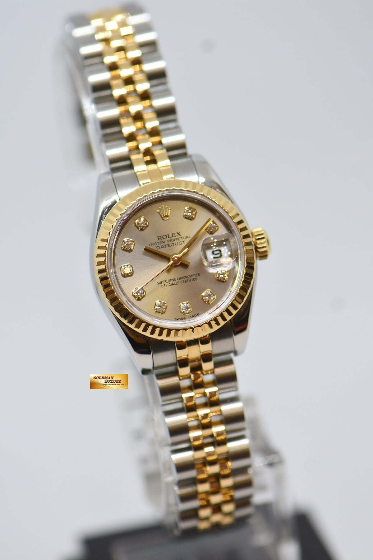 [SOLD] ROLEX OYSTER DATEJUST 26mm GOLD / STEEL IN JUBILEE BRACELET SILVER DIAMOND DIAL 179173 (MINT)