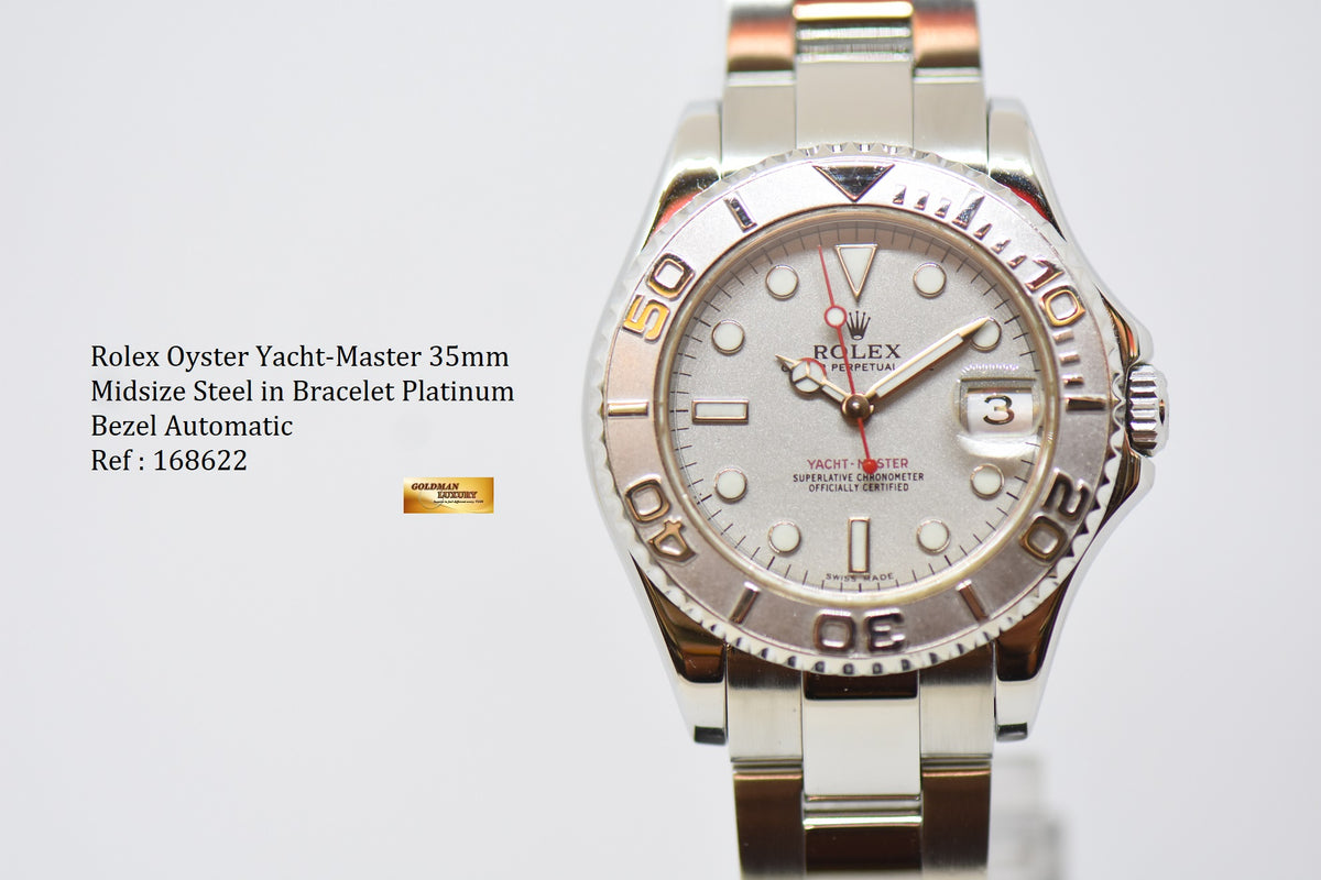 [SOLD] ROLEX OYSTER PERPETUAL YACHT-MASTER 35mm LADIES MIDSIZE STEEL IN BRACELET PLATINUM DIAL / BEZEL 168622 (MINT)