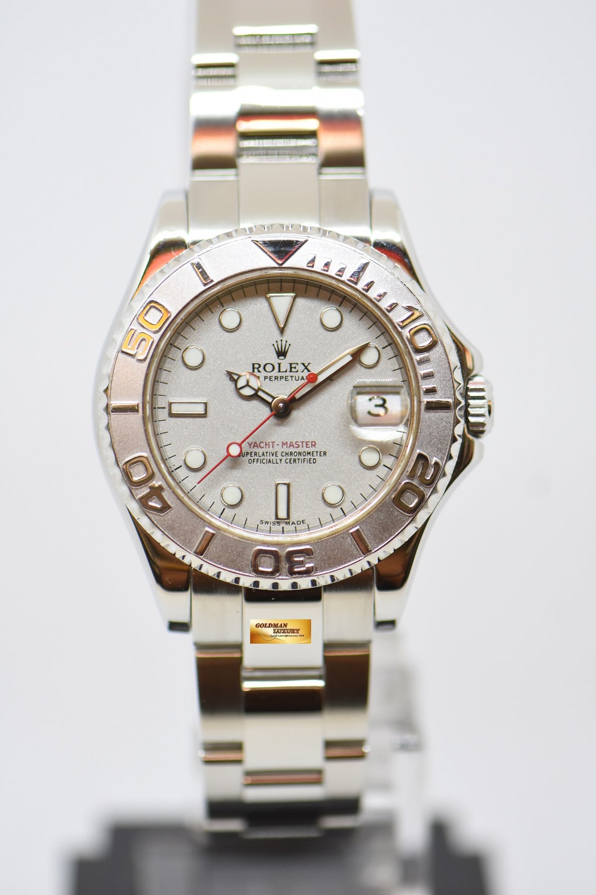 [SOLD] ROLEX OYSTER PERPETUAL YACHT-MASTER 35mm LADIES MIDSIZE STEEL IN BRACELET PLATINUM DIAL / BEZEL 168622 (MINT)