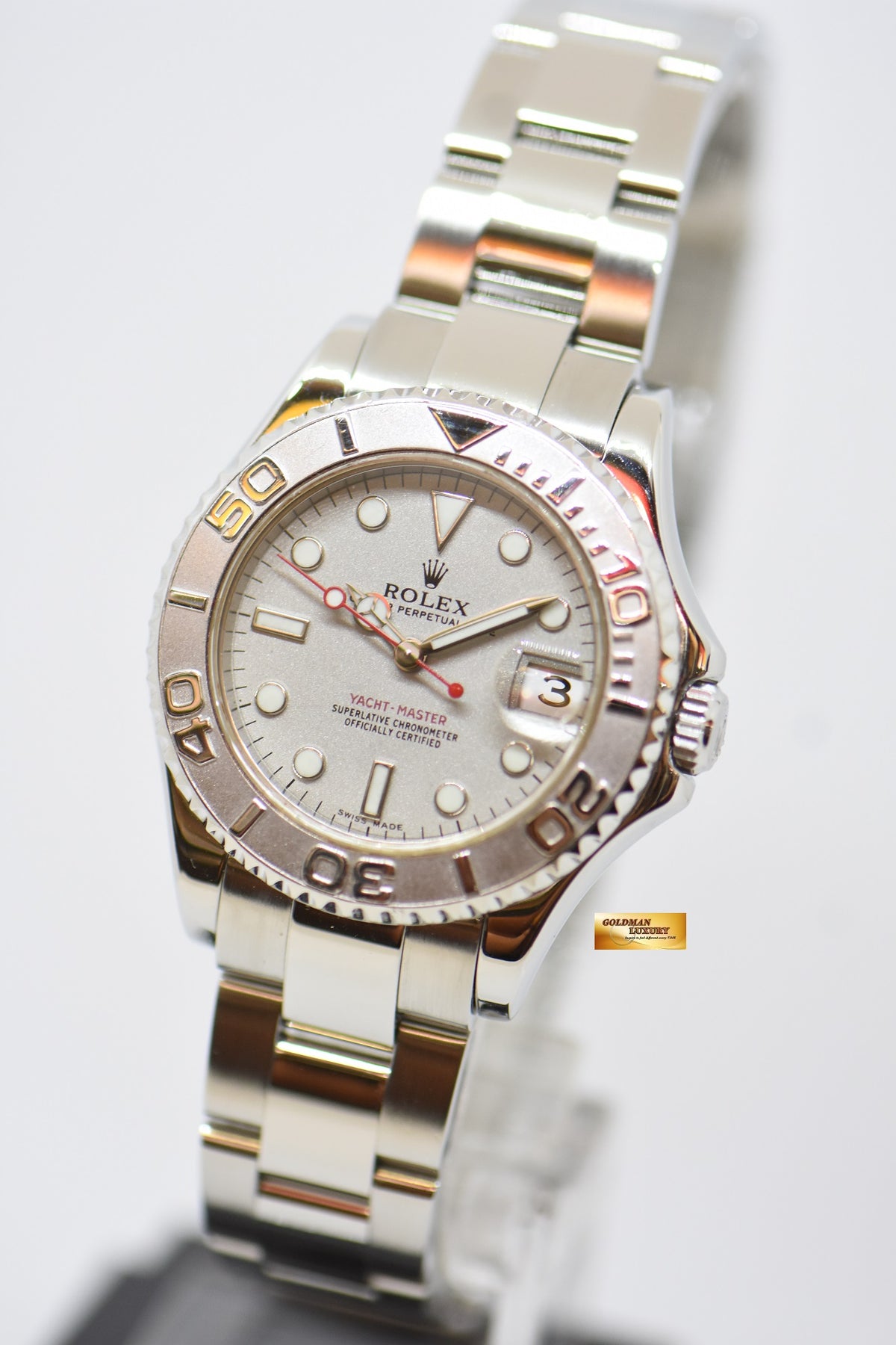 [SOLD] ROLEX OYSTER PERPETUAL YACHT-MASTER 35mm LADIES MIDSIZE STEEL IN BRACELET PLATINUM DIAL / BEZEL 168622 (MINT)