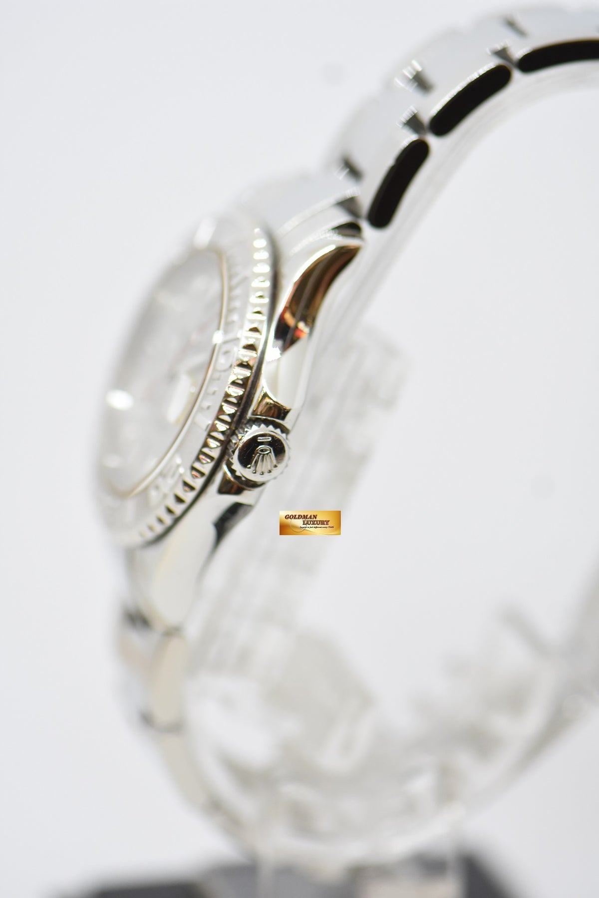 [SOLD] ROLEX OYSTER PERPETUAL YACHT-MASTER 35mm LADIES MIDSIZE STEEL IN BRACELET PLATINUM DIAL / BEZEL 168622 (MINT)