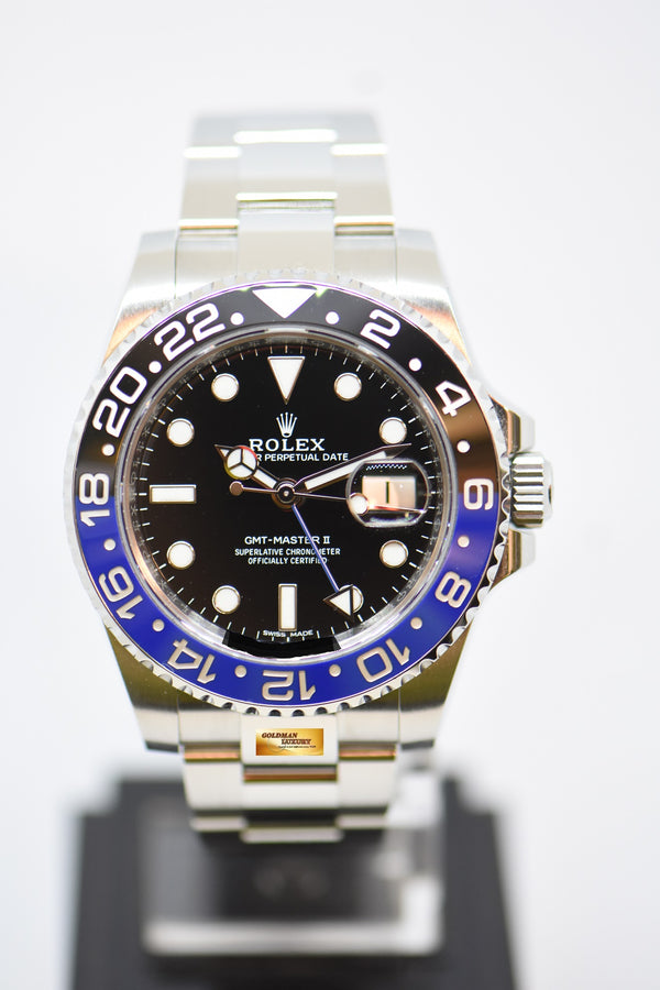 [SOLD] ROLEX OYSTER PERPETUAL GMT-MASTER II “BATMAN” 40mm STEEL IN BRACELET BLACK / BLUE CERAMIC BEZEL 116710BLNR (MINT)
