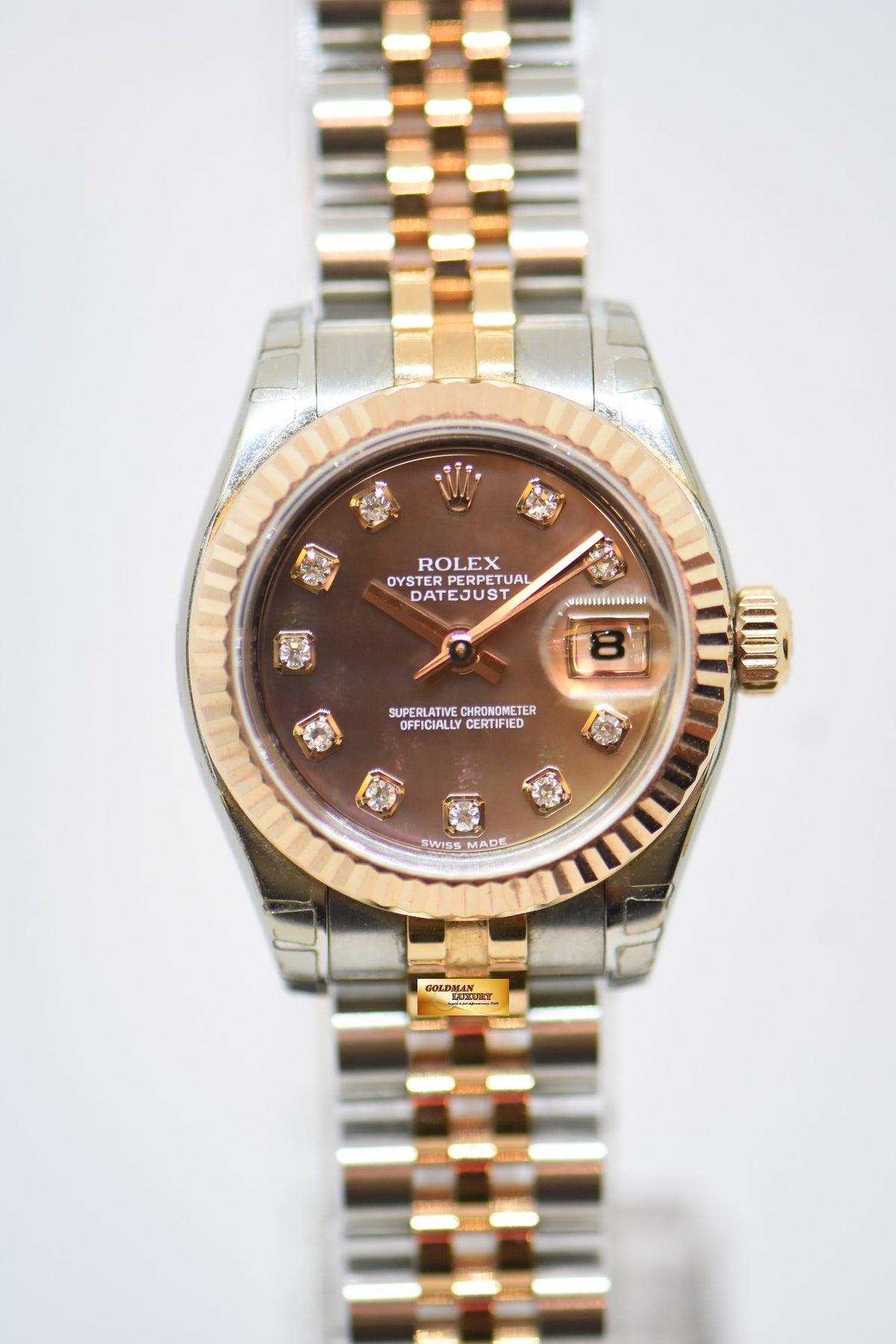 [SOLD] ROLEX OYSTER DATEJUST 26mm EVEROSE GOLD / STEEL IN JUBILEE BRACELET TAHITIAN MOP DIAMOND DIAL 179171 (MINT)