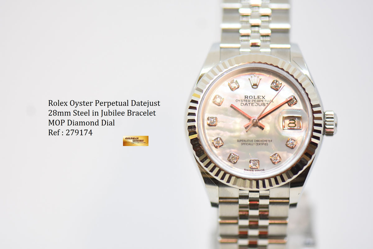 [SOLD] ROLEX OYSTER PERPETUAL DATEJUST 28mm STEEL IN JUBILEE BRACELET MOP DIAMOND DIAL 279174 (NEW-UNWORN)