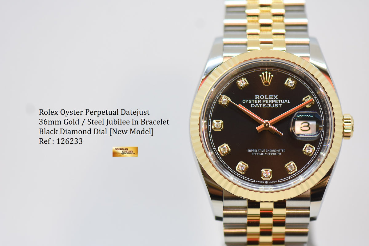 [SOLD] ROLEX OYSTER PERPETUAL DATEJUST 36mm GOLD / STEEL IN JUBILEE BRACELET BLACK DIAMOND DIAL 126233 (NEW-UNWORN)