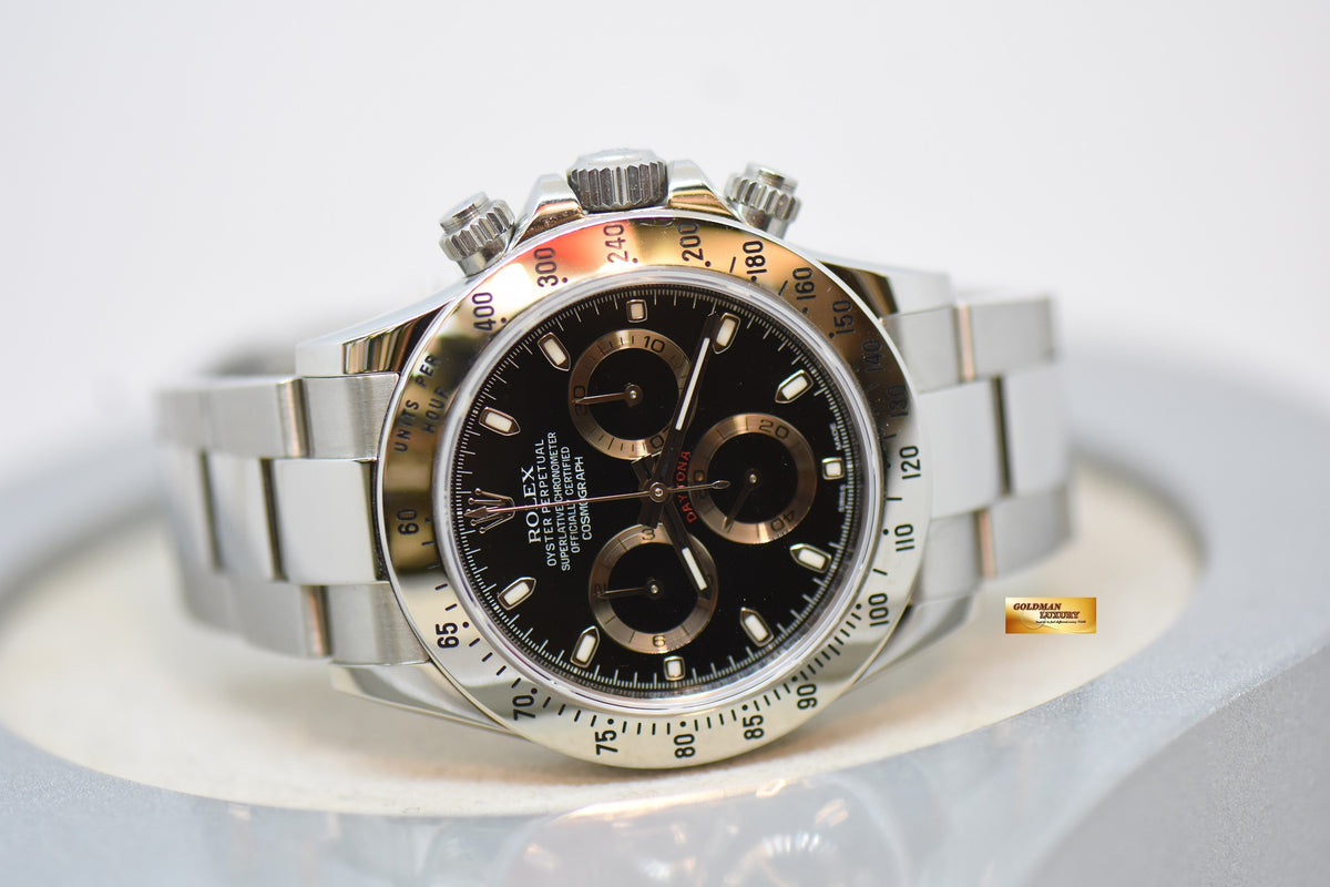 [SOLD] ROLEX OYSTER PERPETUAL DAYTONA CHRONOGRAPH 40mm STEEL IN OYSTER BRACELET GREEN LUME BLACK DIAL 116520 (LONG CLASP) (UNPOLISHED)