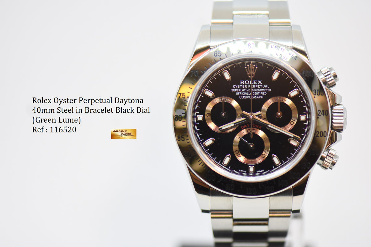 [SOLD] ROLEX OYSTER PERPETUAL DAYTONA CHRONOGRAPH 40mm STEEL IN OYSTER BRACELET GREEN LUME BLACK DIAL 116520 (LONG CLASP) (UNPOLISHED)