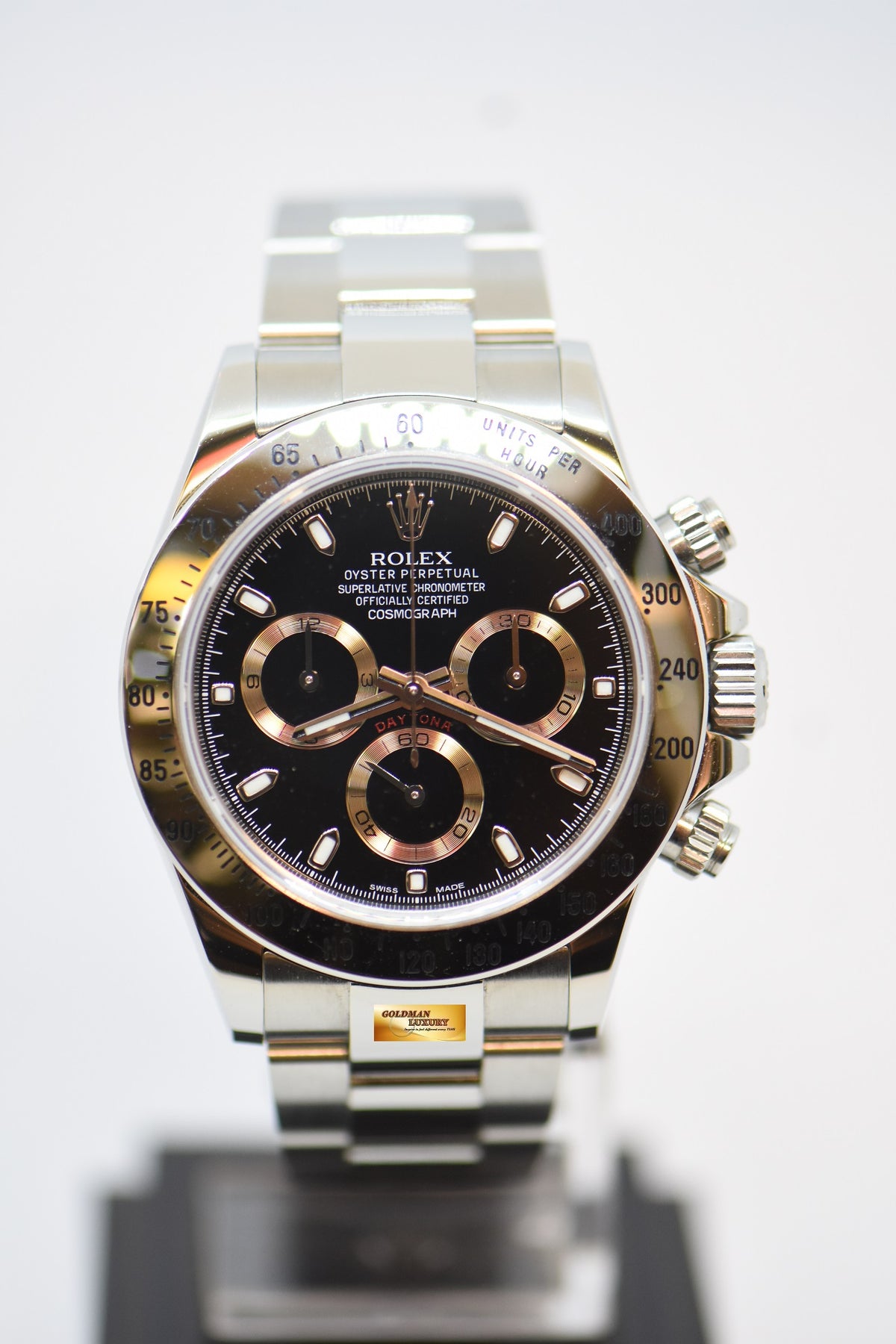 [SOLD] ROLEX OYSTER PERPETUAL DAYTONA CHRONOGRAPH 40mm STEEL IN OYSTER BRACELET GREEN LUME BLACK DIAL 116520 (LONG CLASP) (UNPOLISHED)