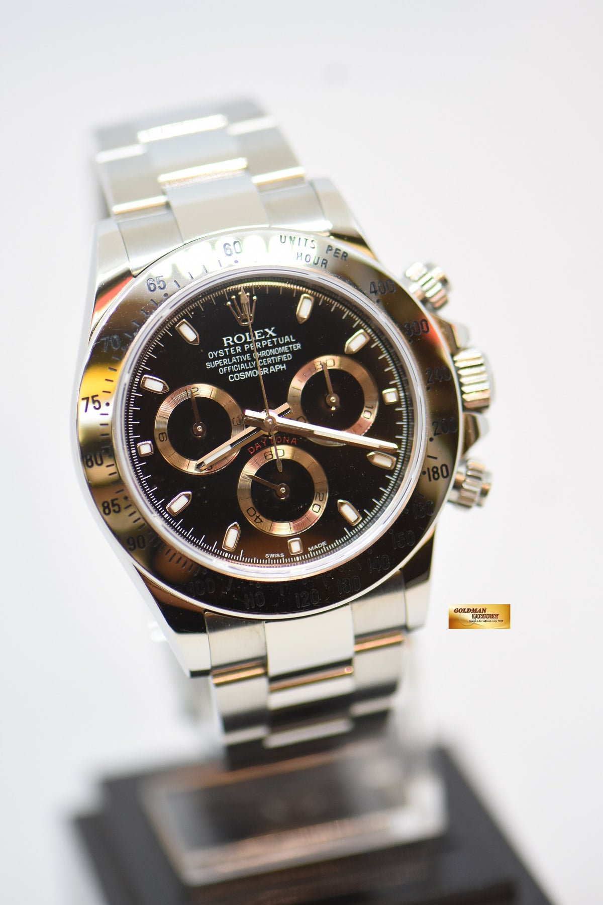 [SOLD] ROLEX OYSTER PERPETUAL DAYTONA CHRONOGRAPH 40mm STEEL IN OYSTER BRACELET GREEN LUME BLACK DIAL 116520 (LONG CLASP) (UNPOLISHED)