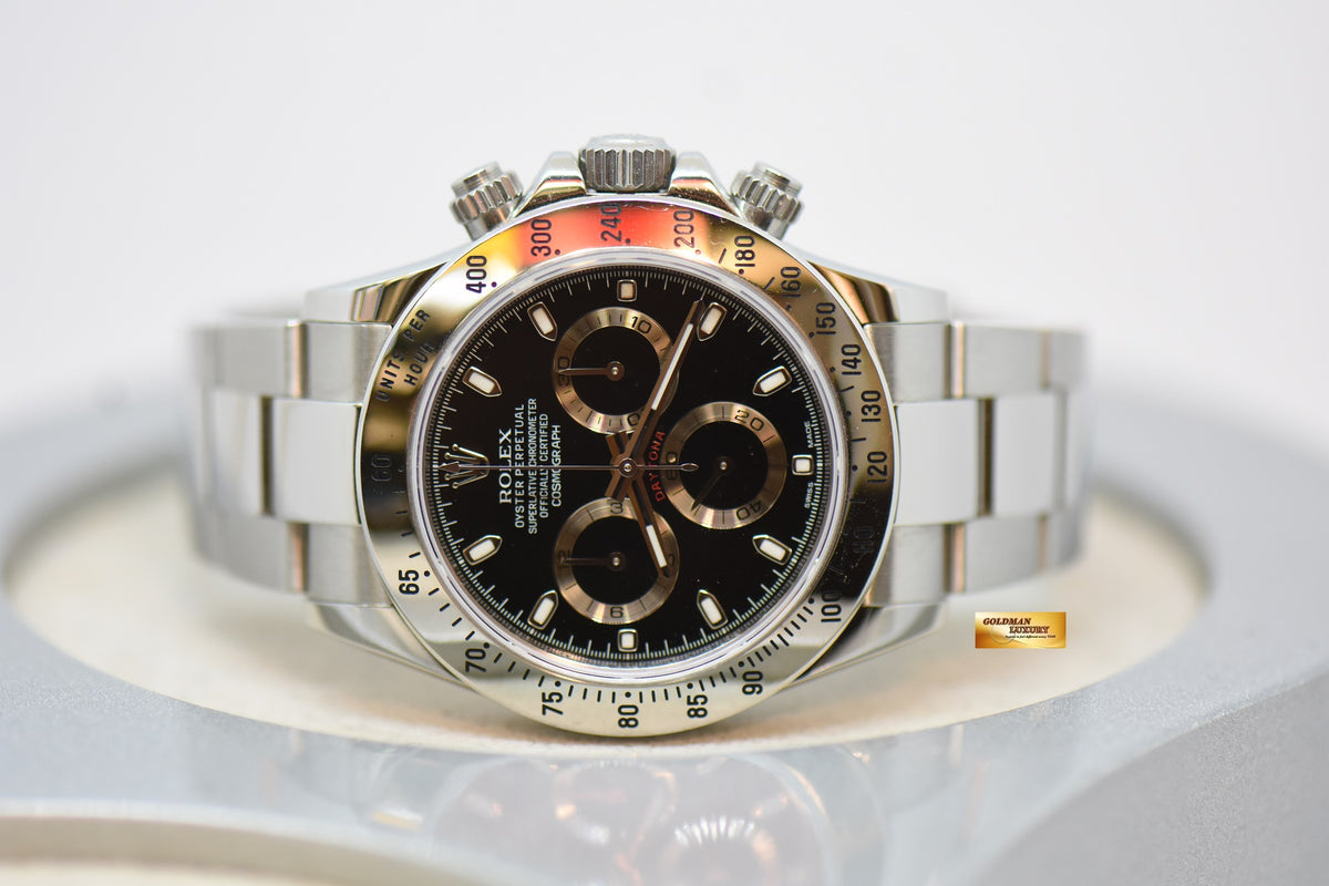[SOLD] ROLEX OYSTER PERPETUAL DAYTONA CHRONOGRAPH 40mm STEEL IN OYSTER BRACELET GREEN LUME BLACK DIAL 116520 (LONG CLASP) (UNPOLISHED)
