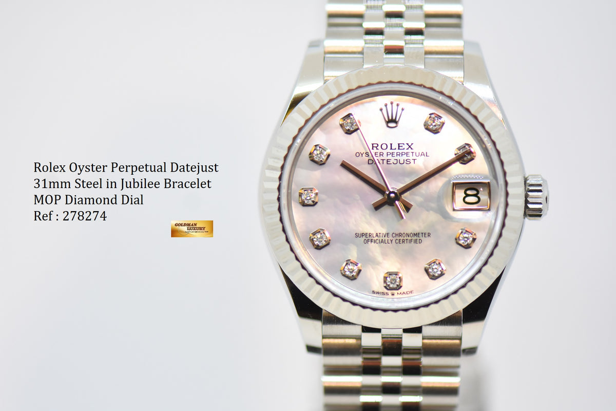 [SOLD] ROLEX OYSTER PERPETUAL DATEJUST 31mm STEEL IN JUBILEE BRACELET MOP DIAMOND DIAL 278274 (NEW-UNWORN)