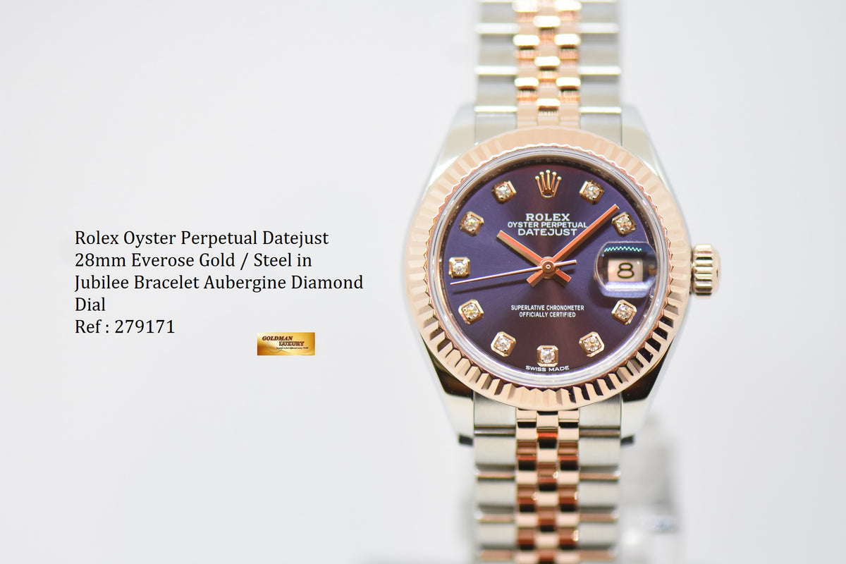 [SOLD] ROLEX OYSTER PERPETUAL DATEJUST 28mm EVEROSE GOLD / STEEL IN JUBILEE BRACELET AUBERGINE PURPLE DIAMOND DIAL 279171 (LNIB)