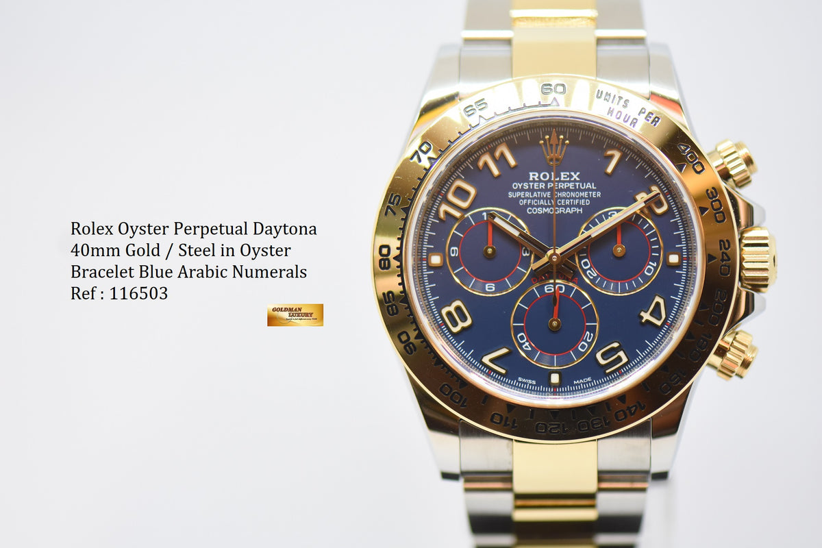 [SOLD] ROLEX OYSTER PERPETUAL DAYTONA CHRONOGRAPH 40mm GOLD / STEEL IN OYSTER BRACELET BLUE ARABIC NUMERALS DIAL 116503 (LNIB)