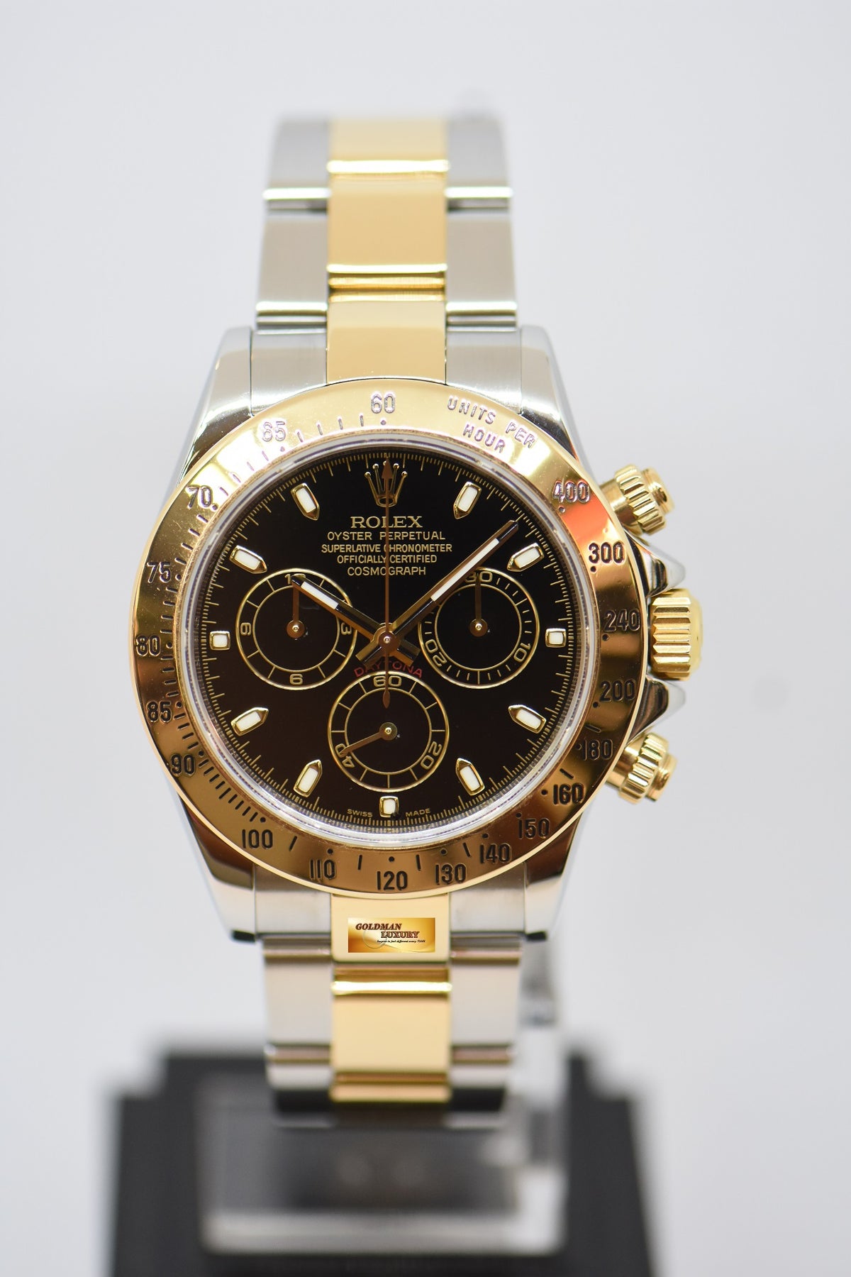 [SOLD] ROLEX OYSTER PERPETUAL DAYTONA CHRONOGRAPH 40mm GOLD / STEEL IN OYSTER BRACELET BLACK DIAL 116523 (GREEN LUME) (SHORT CLASP) (MINT)