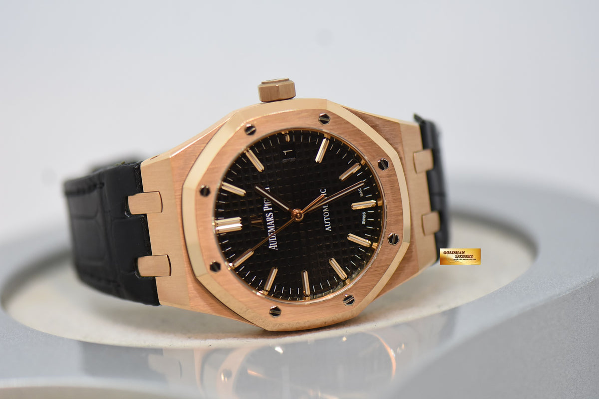 [SOLD] AUDEMARS PIGUET ROYAL OAK 37mm ROSE GOLD IN LEATHER STRAP BLACK DIAL AUTOMATIC 15450OR (MINT)